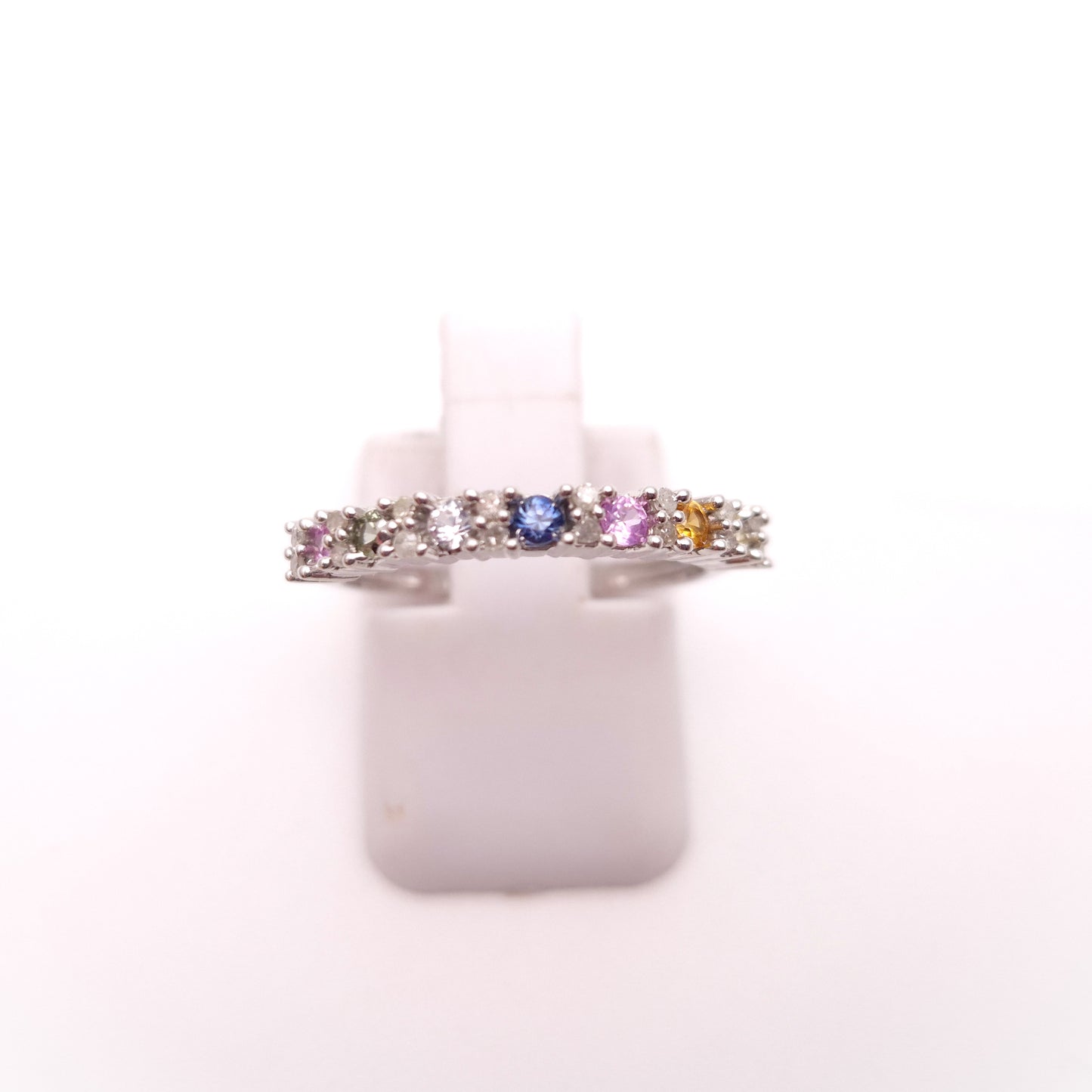 9ct White gold Multi Stone Vari-hue Rainbow Sapphire and Diamond 1/2 Eternity Row Ring