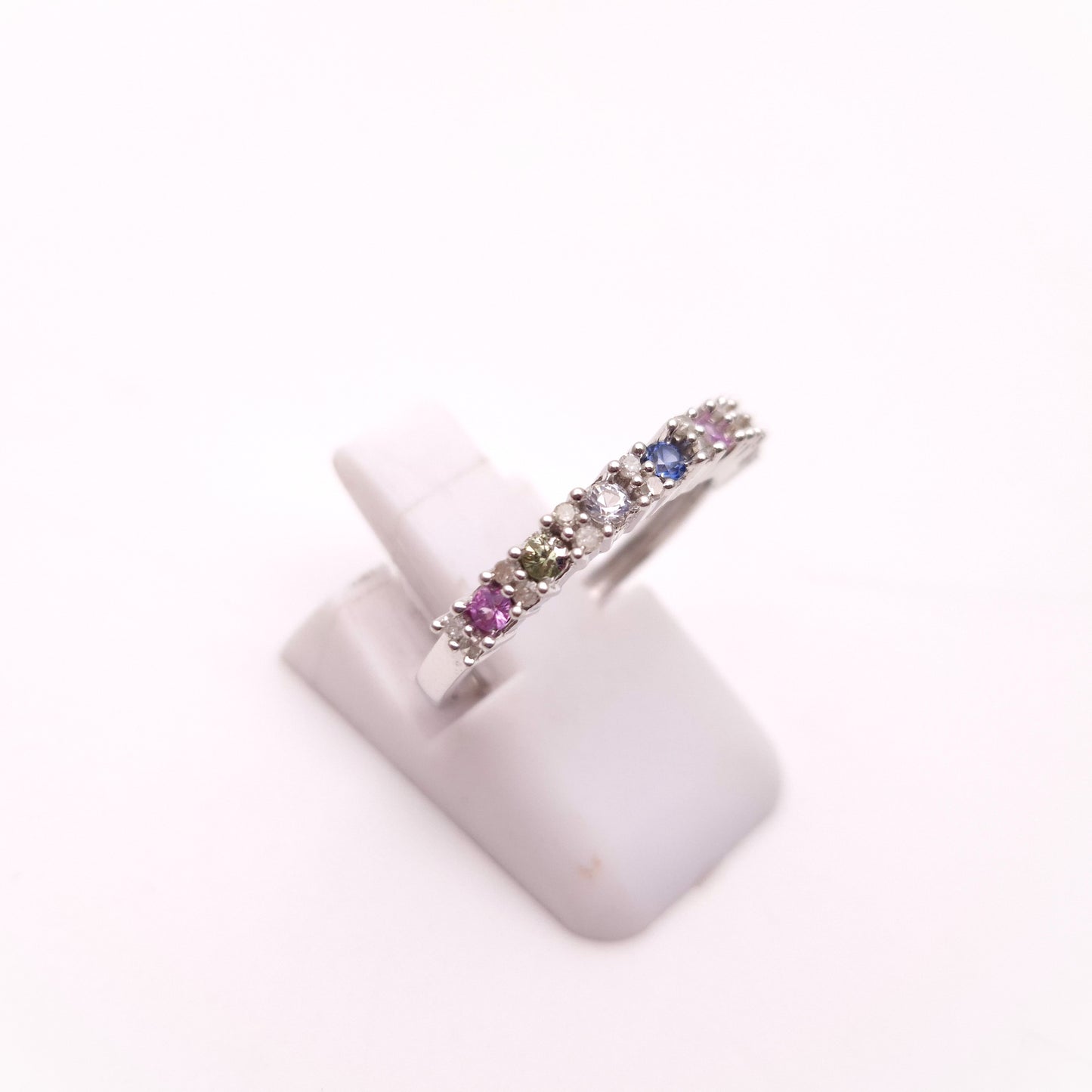 9ct White gold Multi Stone Vari-hue Rainbow Sapphire and Diamond 1/2 Eternity Row Ring