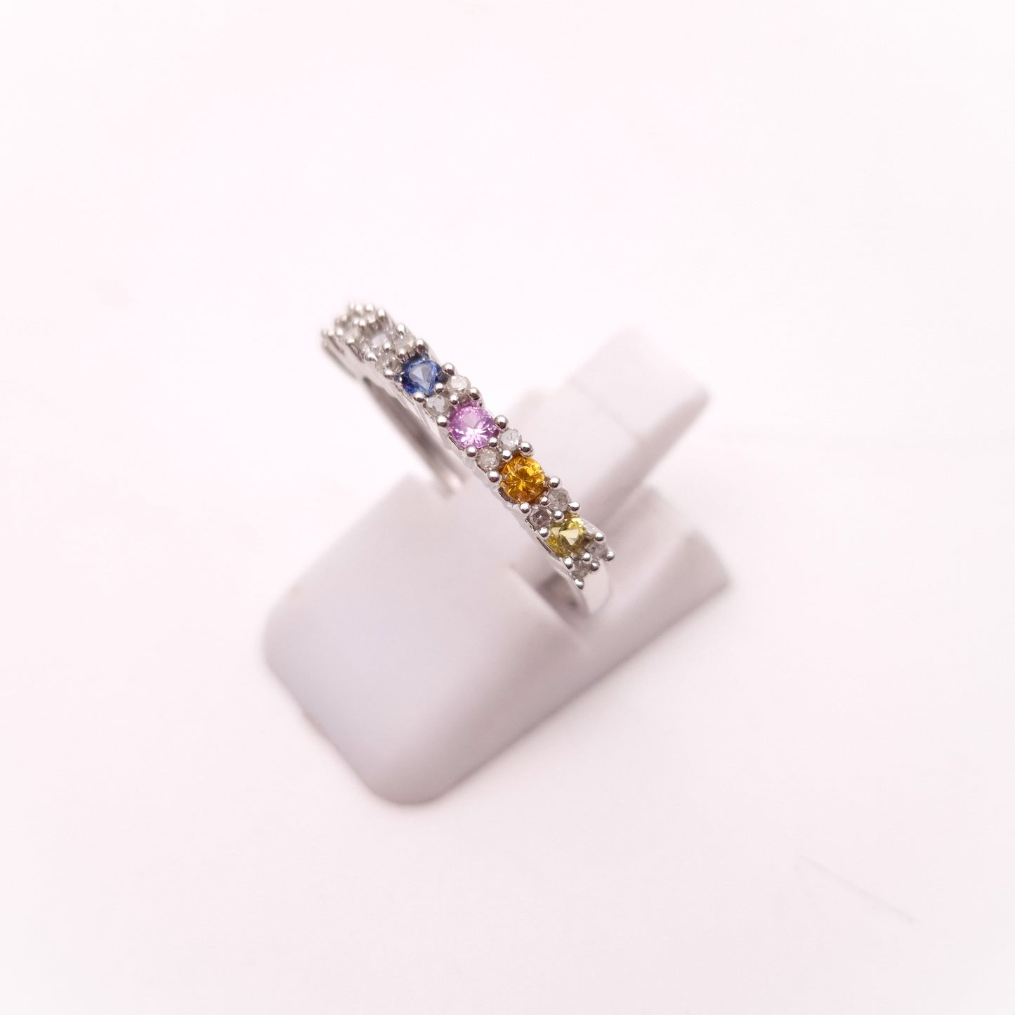 9ct White gold Multi Stone Vari-hue Rainbow Sapphire and Diamond 1/2 Eternity Row Ring