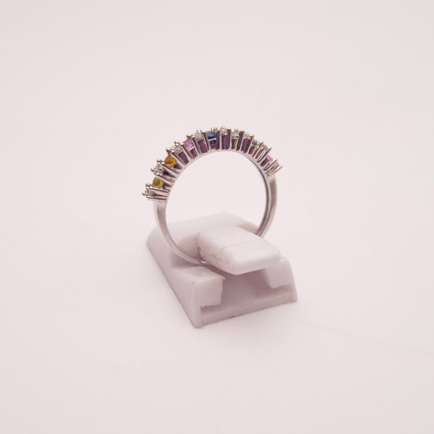 9ct White gold Multi Stone Vari-hue Rainbow Sapphire and Diamond 1/2 Eternity Row Ring
