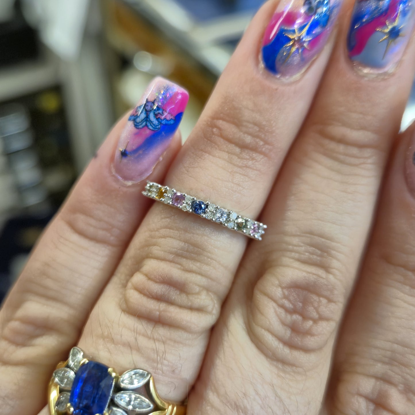9ct White gold Multi Stone Vari-hue Rainbow Sapphire and Diamond 1/2 Eternity Row Ring