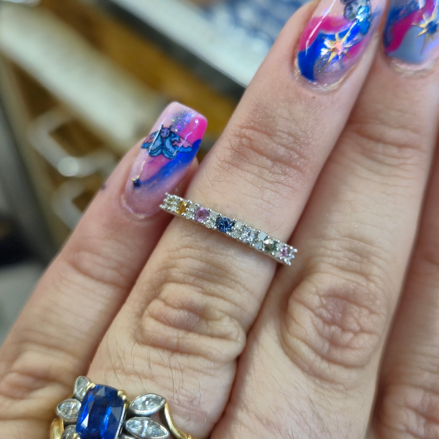9ct White gold Multi Stone Vari-hue Rainbow Sapphire and Diamond 1/2 Eternity Row Ring