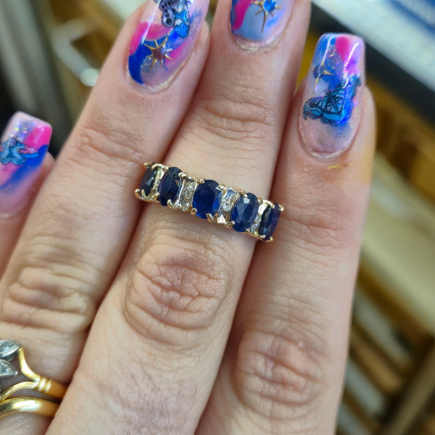 14ct Yellow Gold Half Eternity Style Large Sapphire and Diamond Row Ring