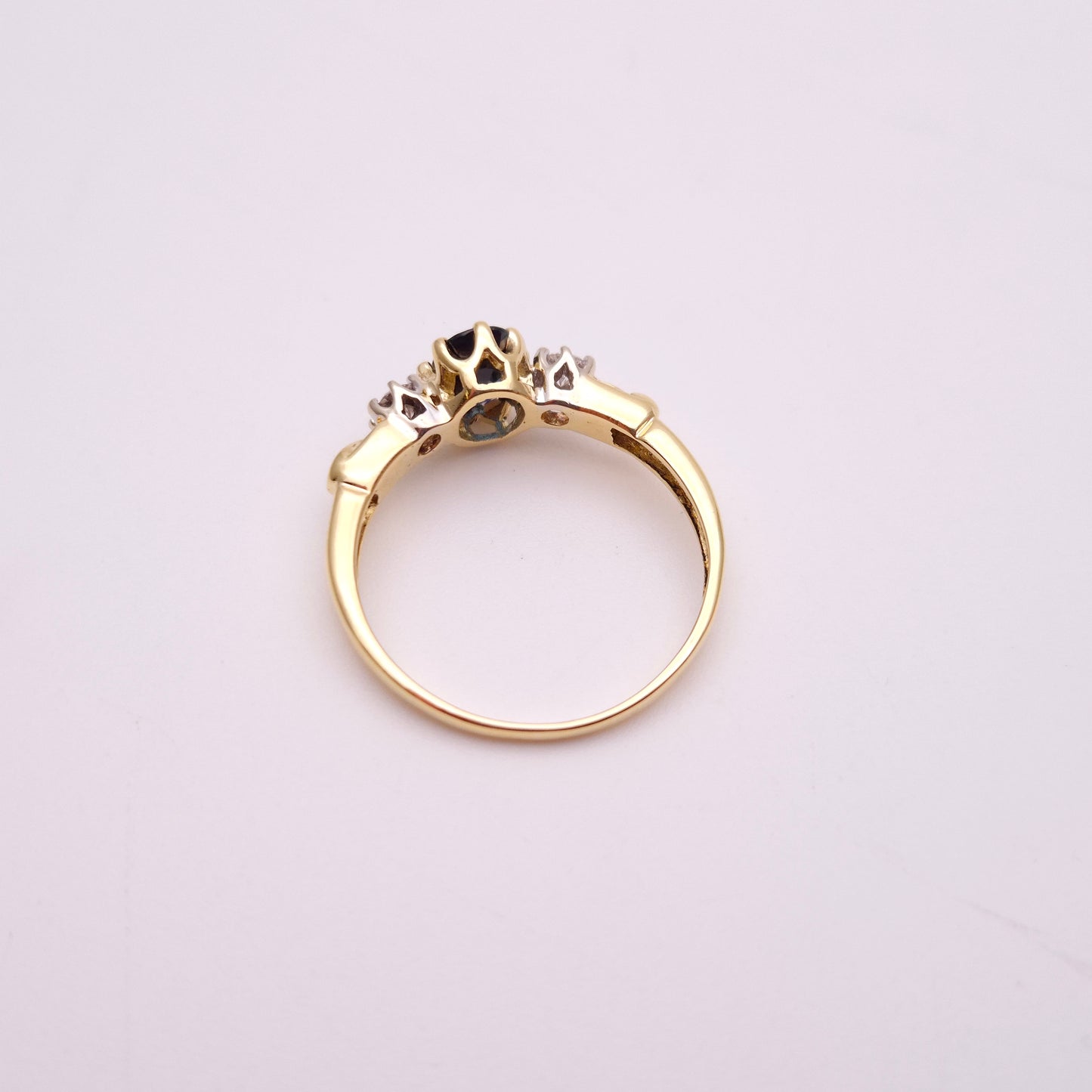 18ct Yellow Gold Vintage Oval Sapphire and Round Diamond Trilogy Ring