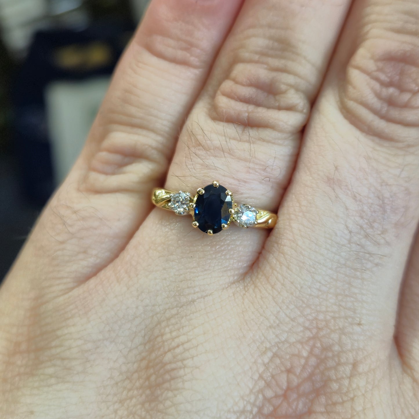18ct Yellow Gold Vintage Oval Sapphire and Round Diamond Trilogy Ring