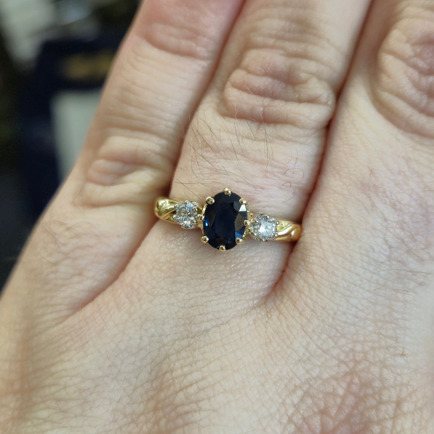 18ct Yellow Gold Vintage Oval Sapphire and Round Diamond Trilogy Ring