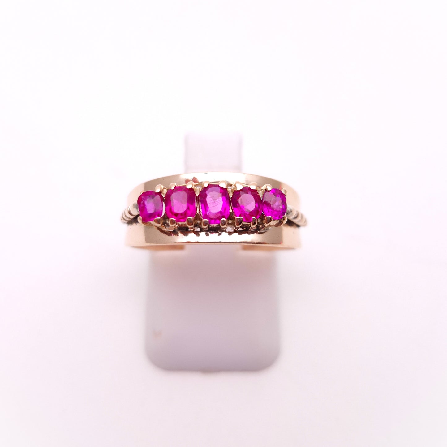 9ct Rose gold Antique 5 Stone Old Cut Ruby Wide Band Ring