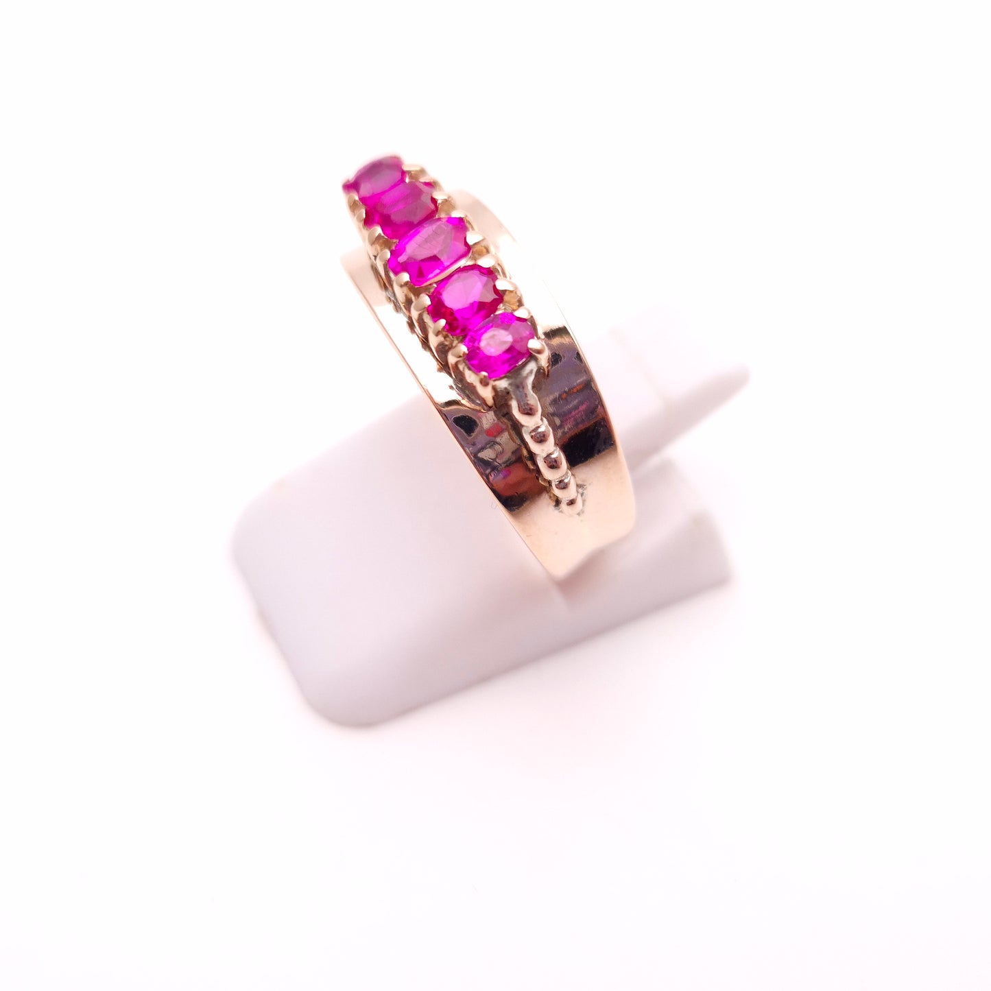9ct Rose gold Antique 5 Stone Old Cut Ruby Wide Band Ring