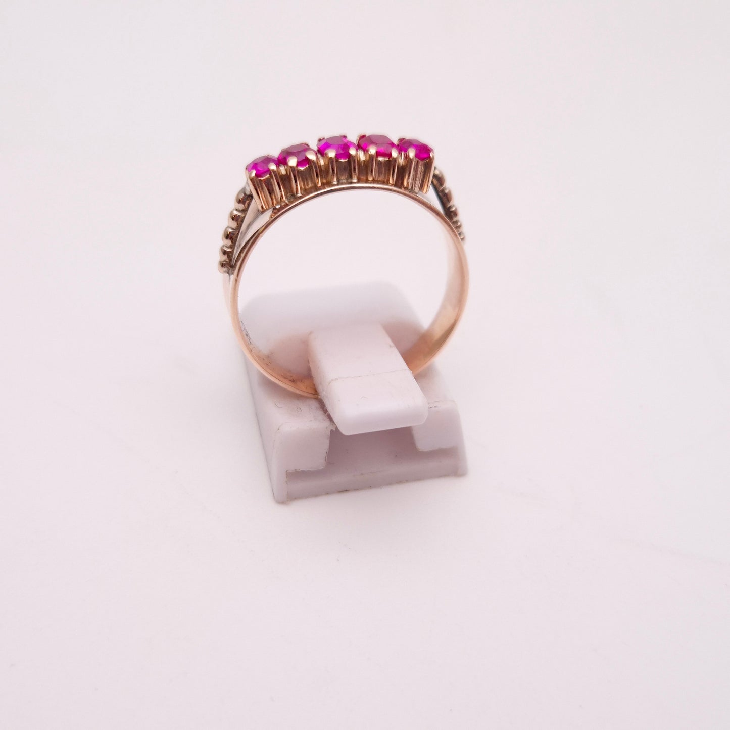 9ct Rose gold Antique 5 Stone Old Cut Ruby Wide Band Ring