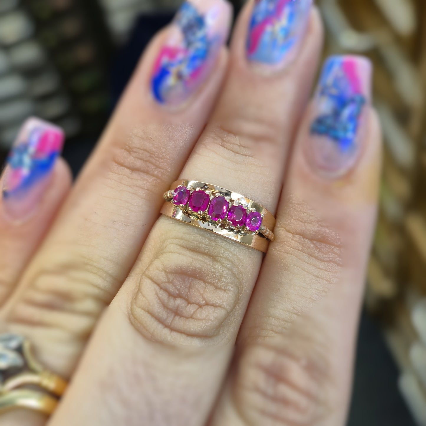 9ct Rose gold Antique 5 Stone Old Cut Ruby Wide Band Ring
