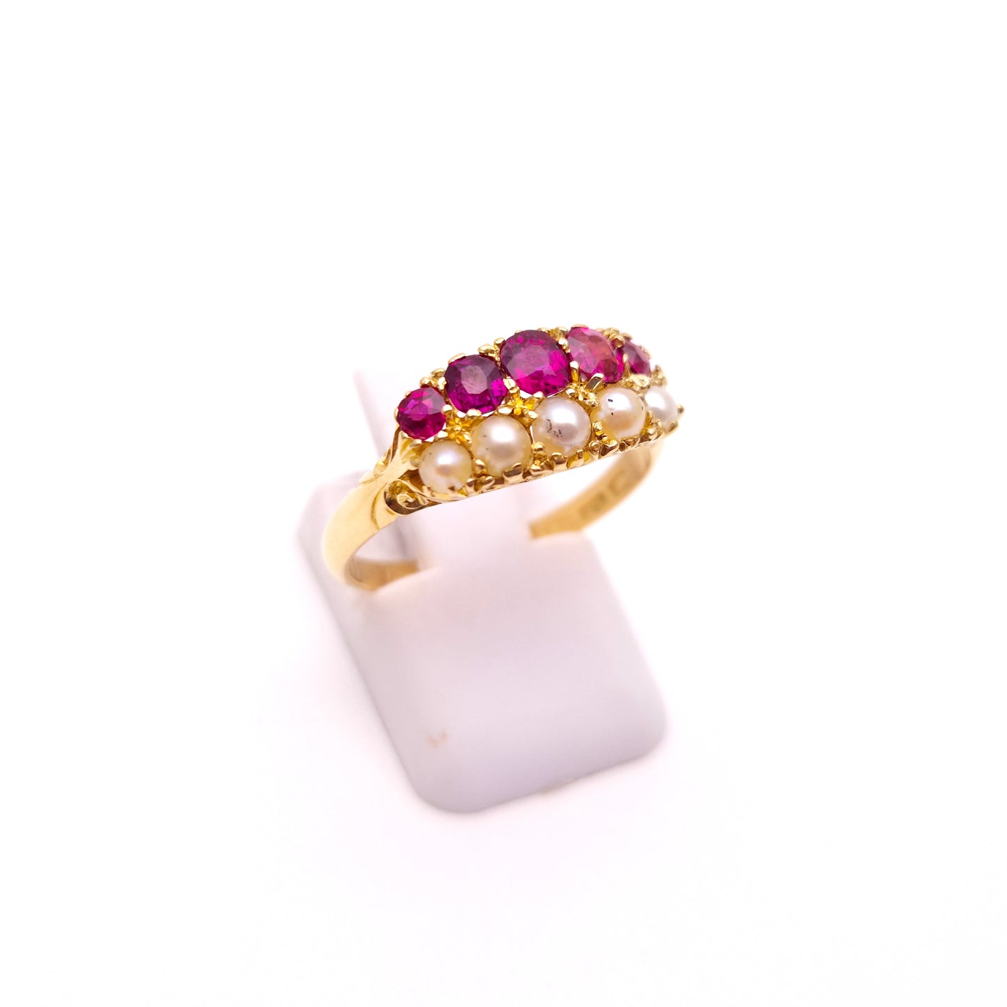 18ct Yellow Gold Antique Ruby and Pearl Double Row Block Ring