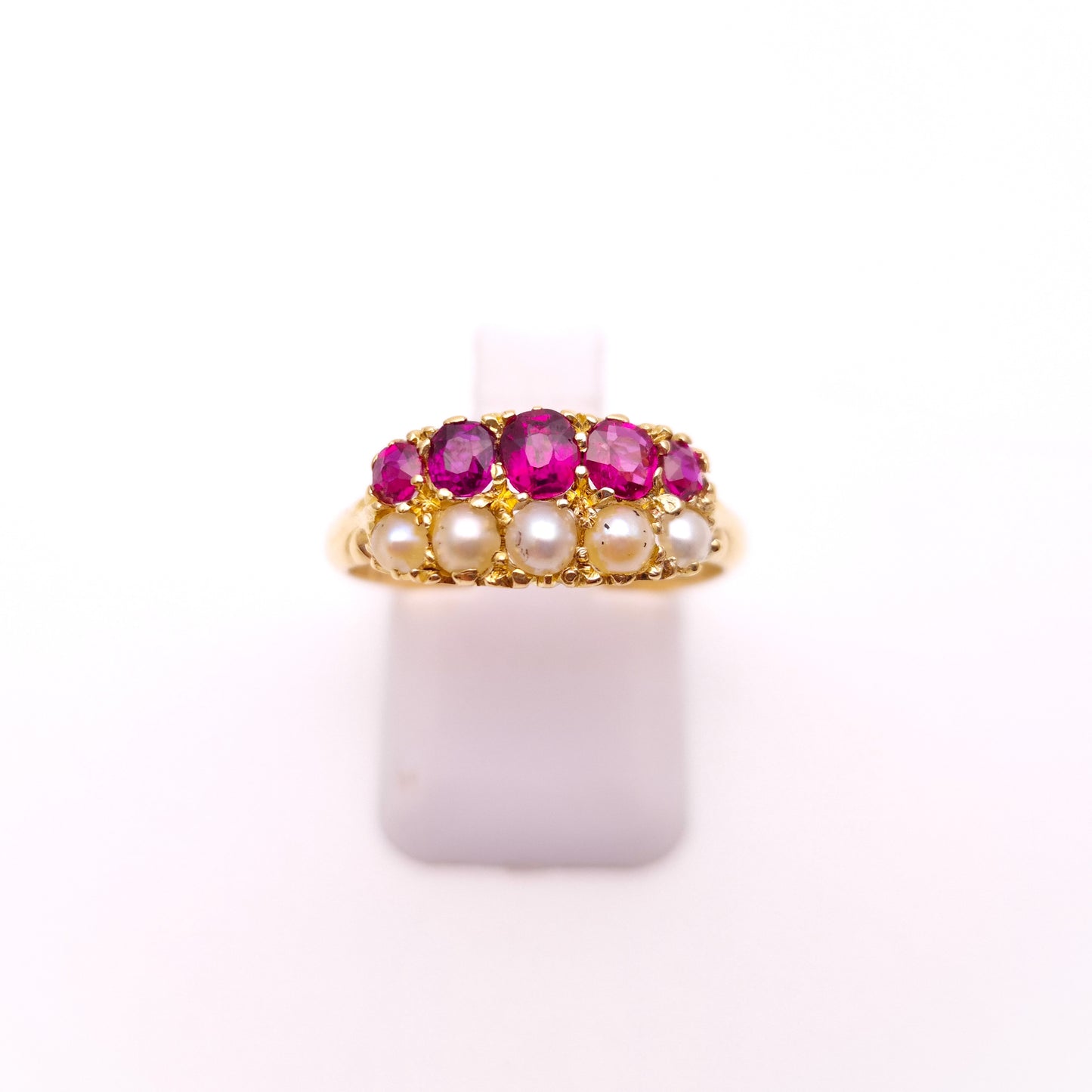 18ct Yellow Gold Antique Ruby and Pearl Double Row Block Ring