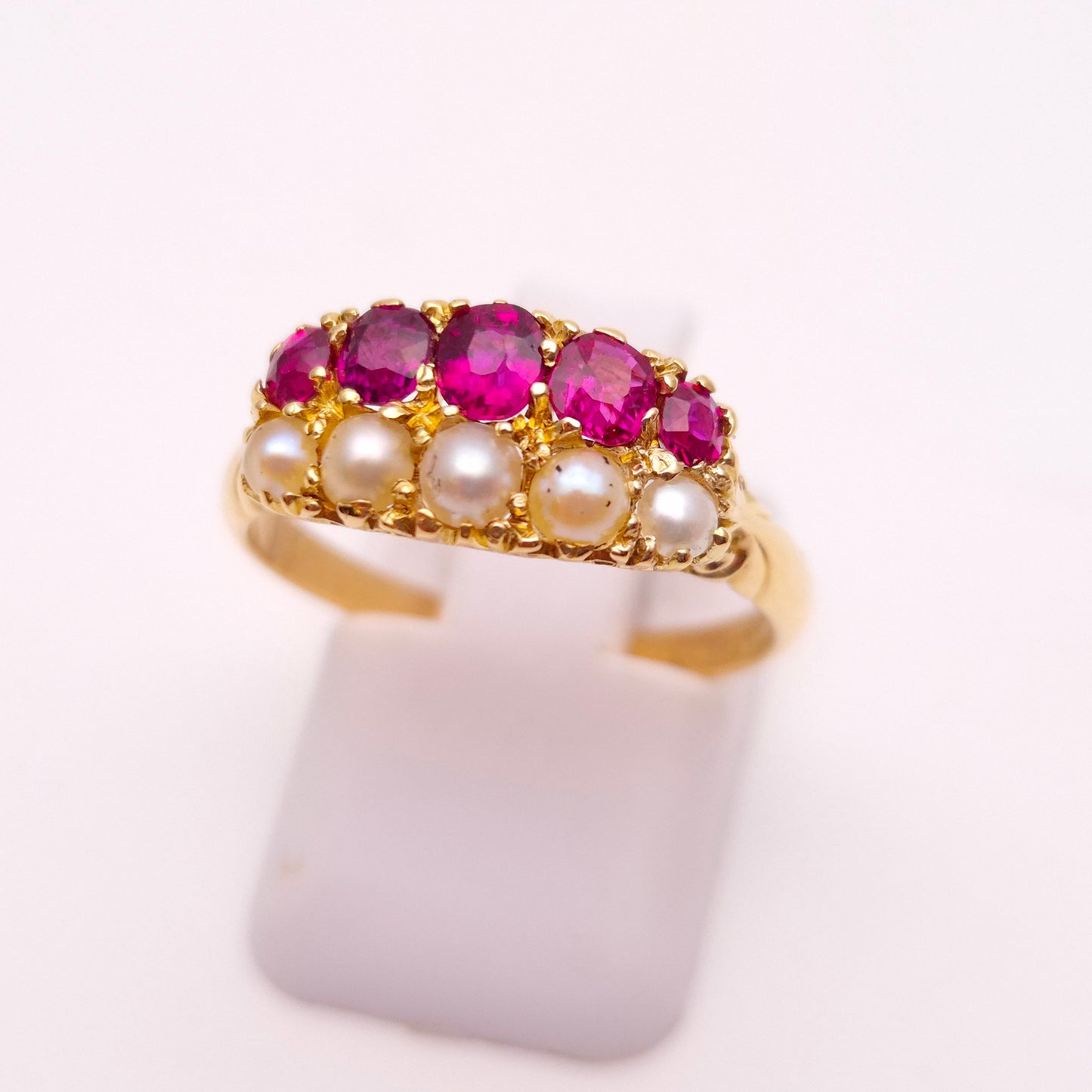 18ct Yellow Gold Antique Ruby and Pearl Double Row Block Ring