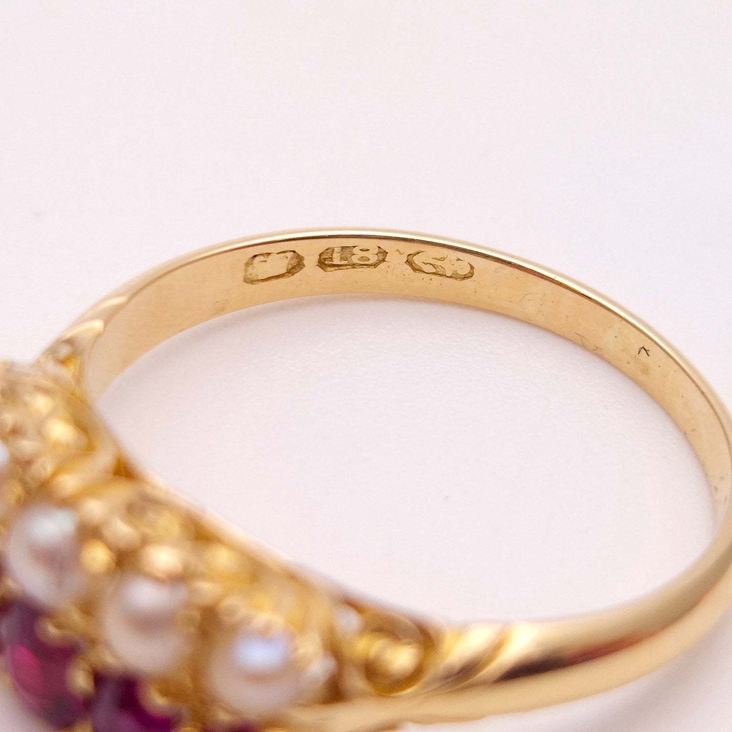 18ct Yellow Gold Antique Ruby and Pearl Double Row Block Ring