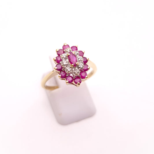 9ct Yellow Gold Ruby and Diamond Marquise Cluster Ring