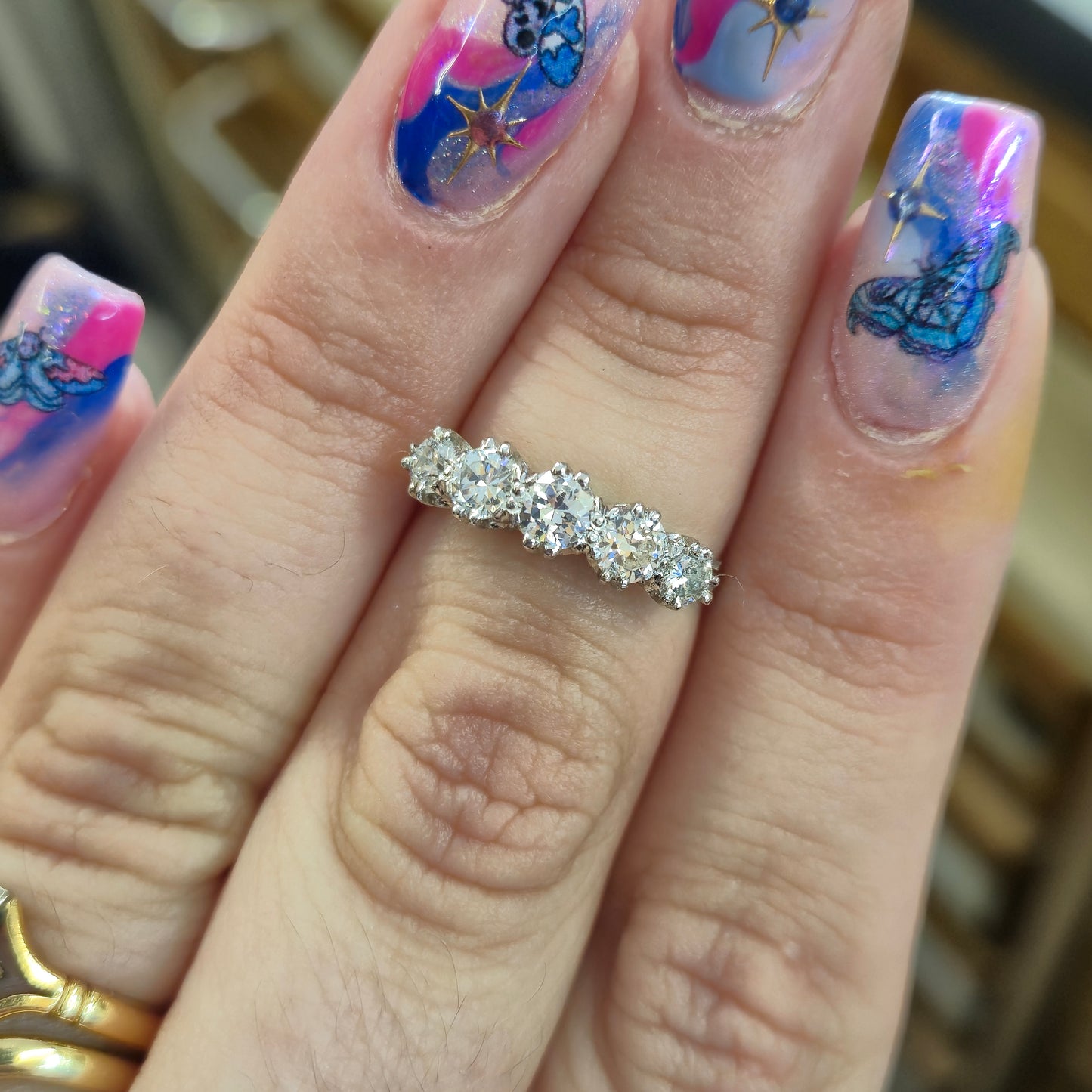Platinum Antique Five Stone Old Cut Diamond Row Ring