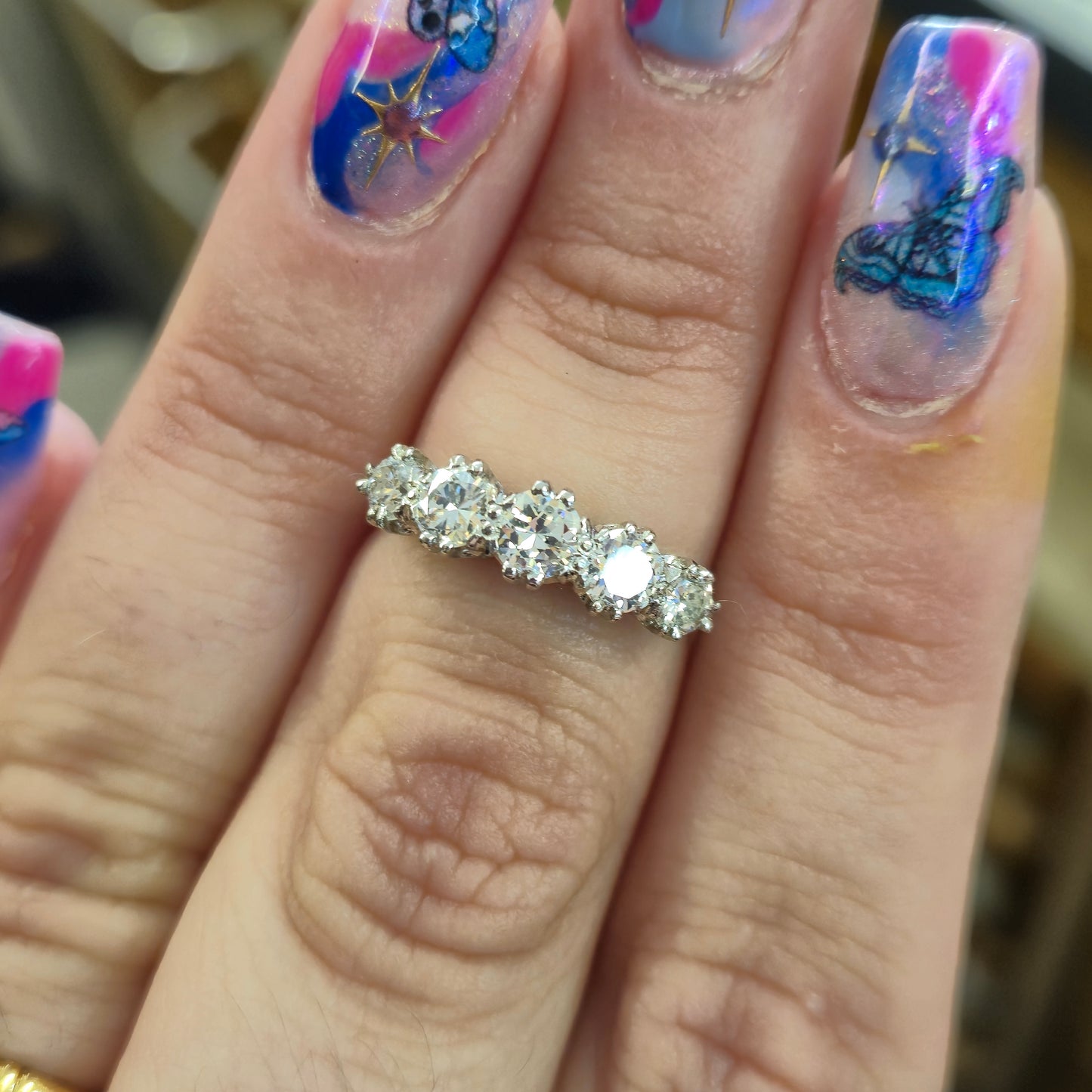 Platinum Antique Five Stone Old Cut Diamond Row Ring