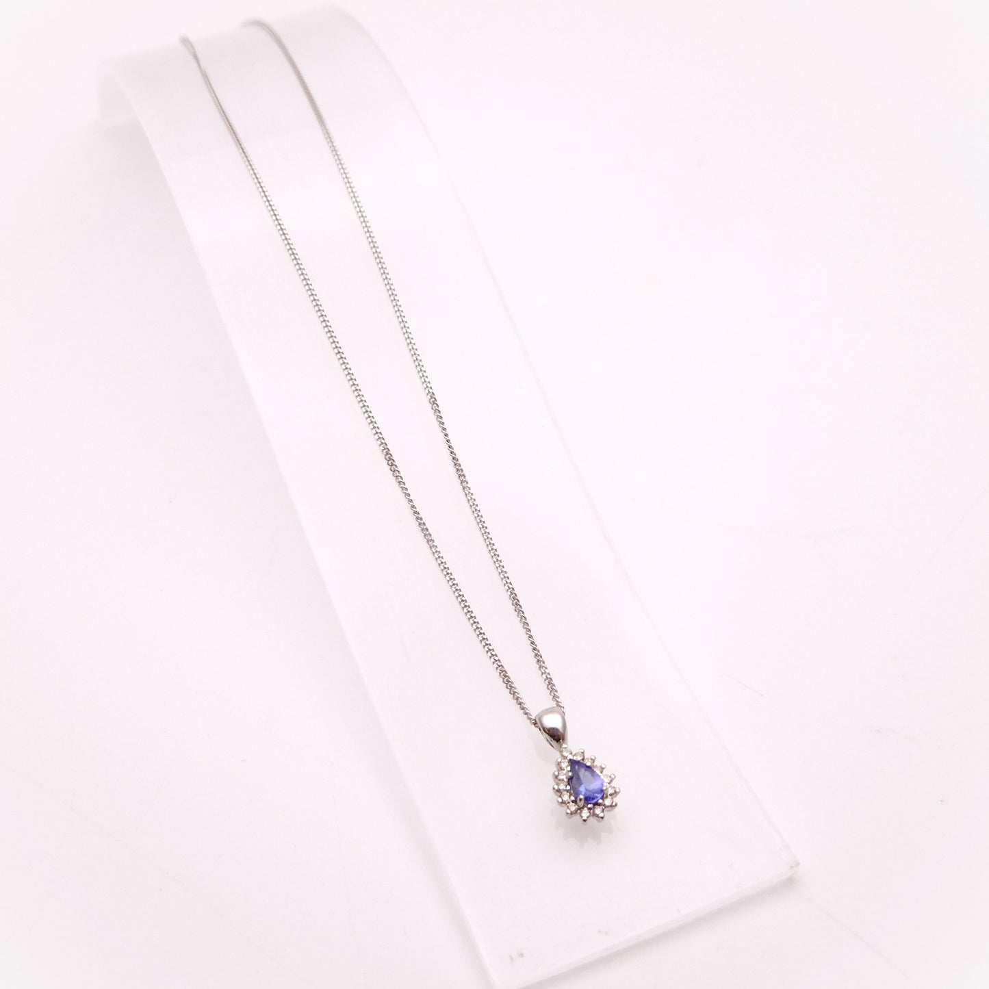 9ct White Gold Pear Shaped Tanzanite and Diamond Cluster Pendant &Chain Necklace