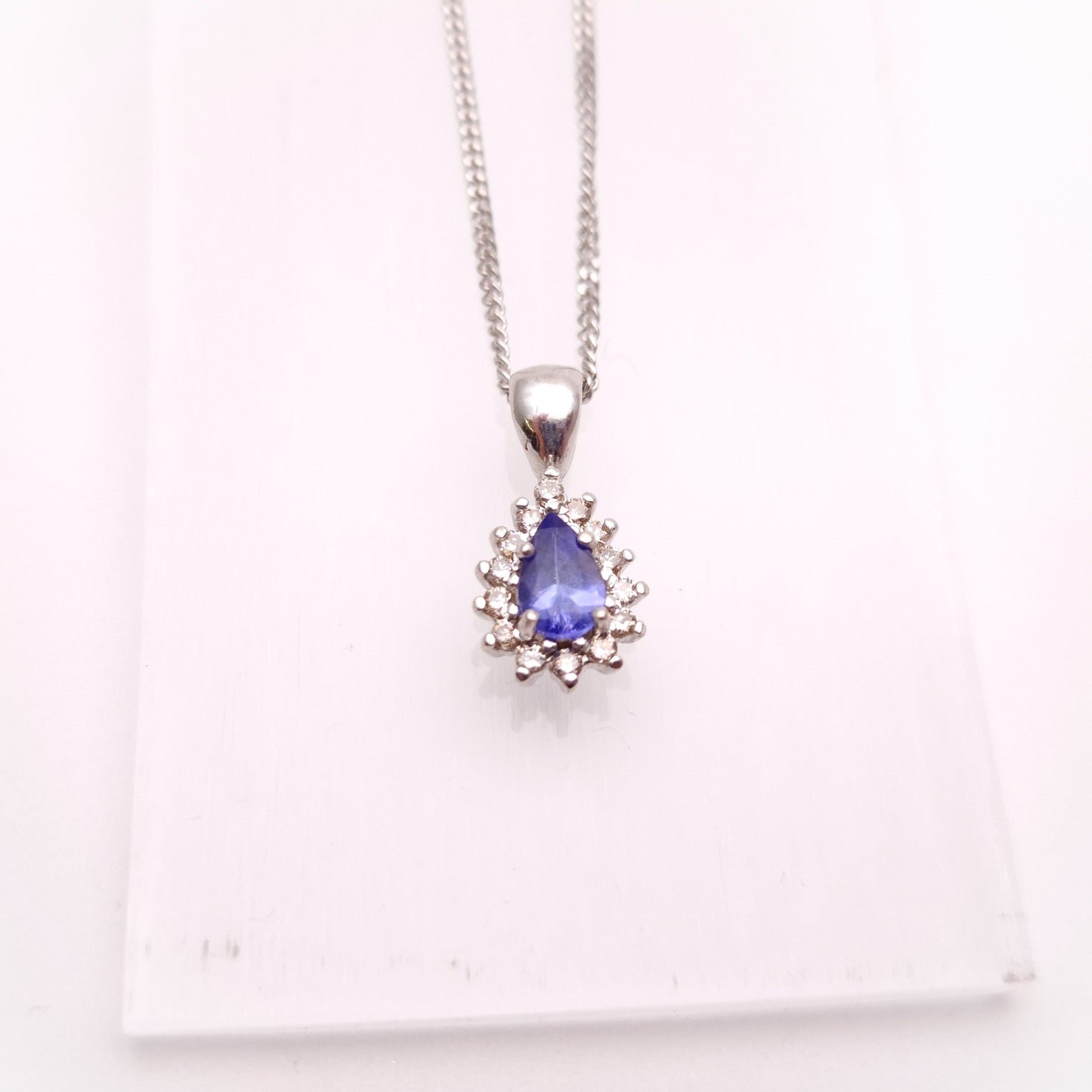 9ct White Gold Pear Shaped Tanzanite and Diamond Cluster Pendant &Chain Necklace