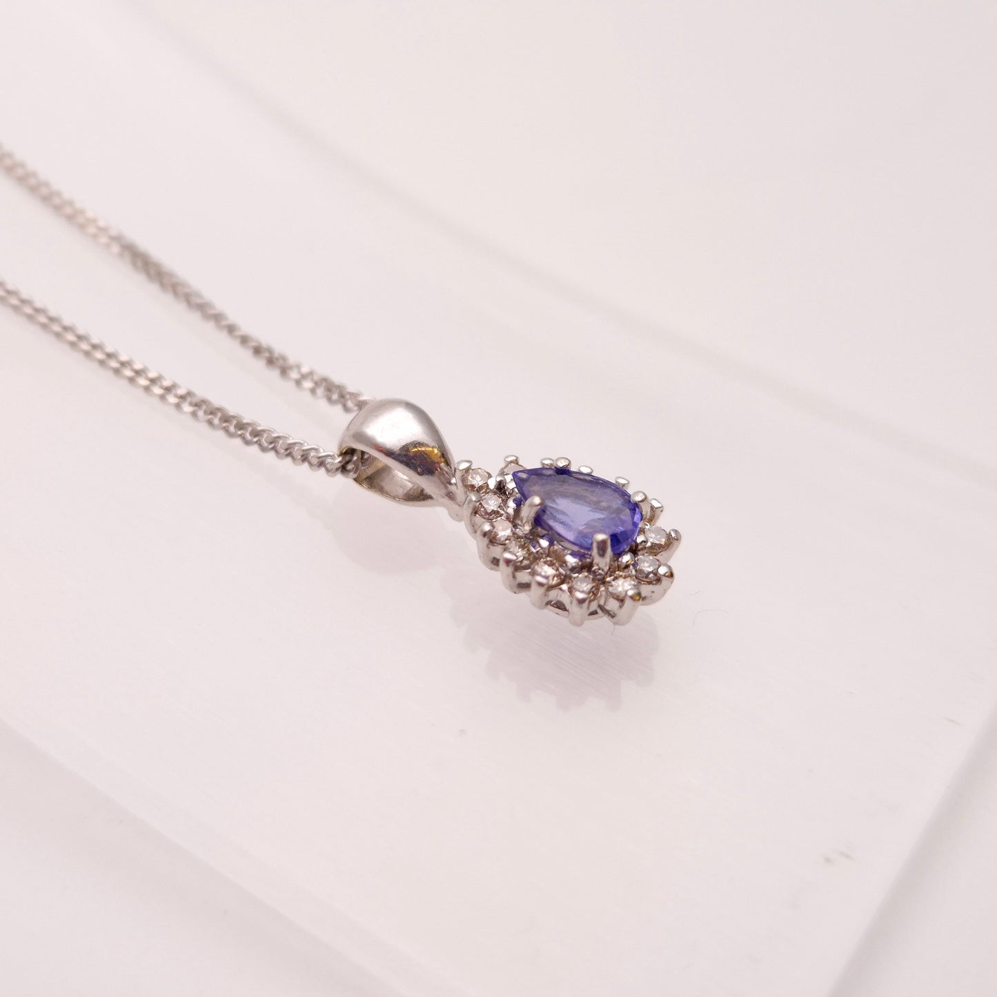 9ct White Gold Pear Shaped Tanzanite and Diamond Cluster Pendant &Chain Necklace