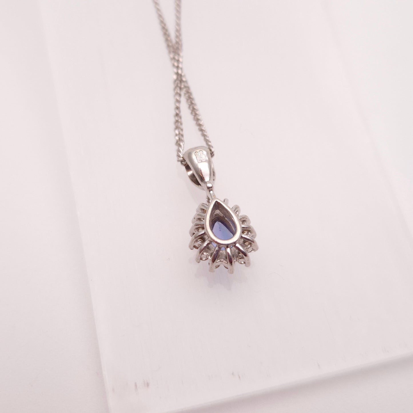 9ct White Gold Pear Shaped Tanzanite and Diamond Cluster Pendant &Chain Necklace
