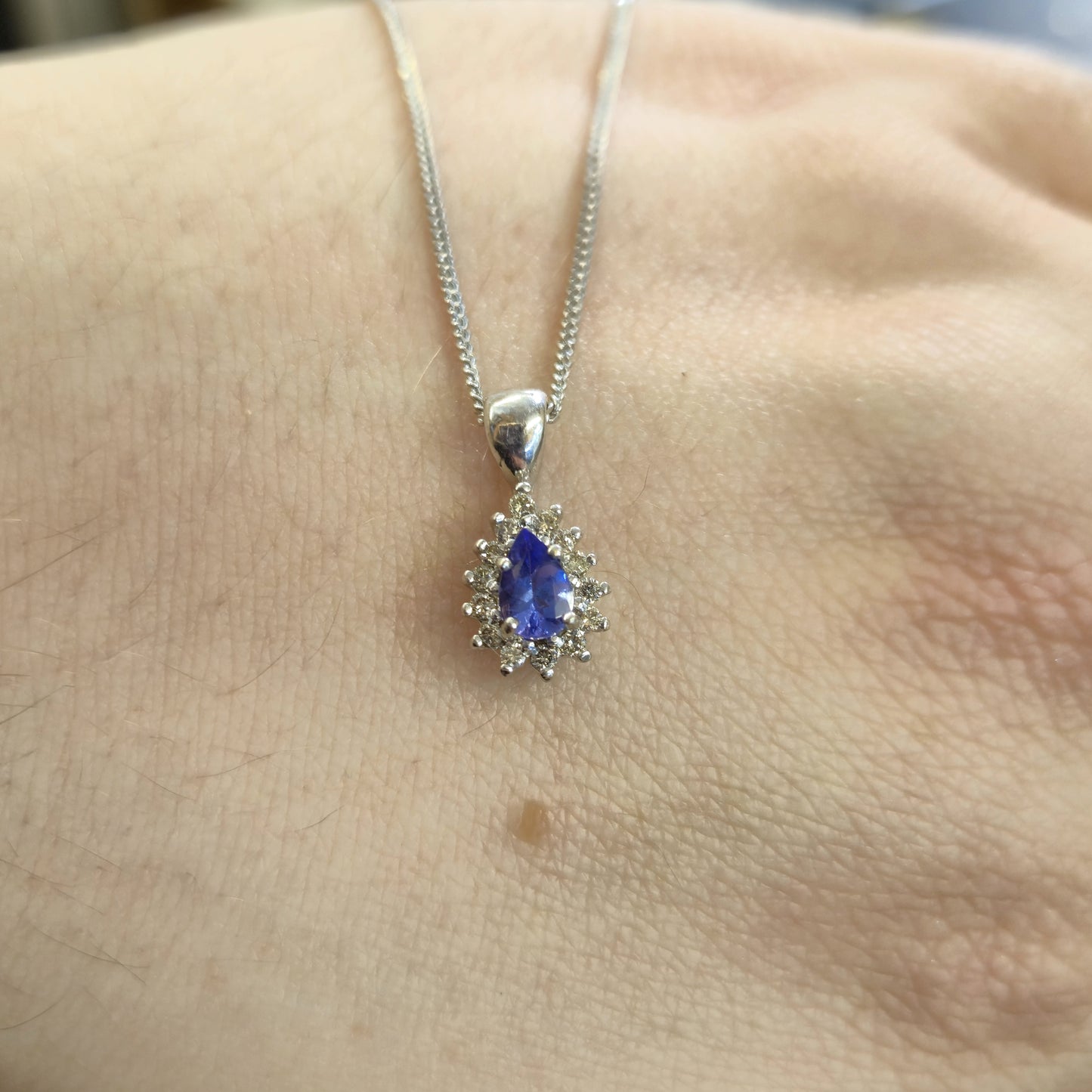 9ct White Gold Pear Shaped Tanzanite and Diamond Cluster Pendant &Chain Necklace