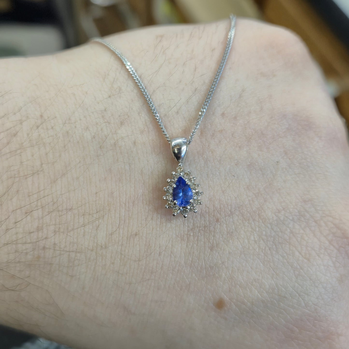 9ct White Gold Pear Shaped Tanzanite and Diamond Cluster Pendant &Chain Necklace