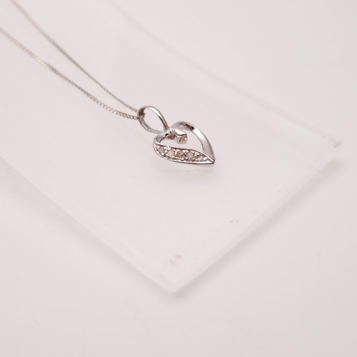 9ct White Gold Lightweight Diamond Set Open Heart Pendant Necklace