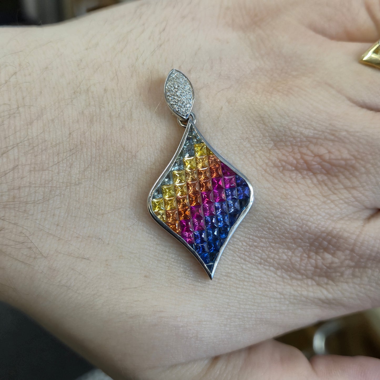9ct White Gold Rainbow Vari-hue Sapphire and Diamond Large Pendant
