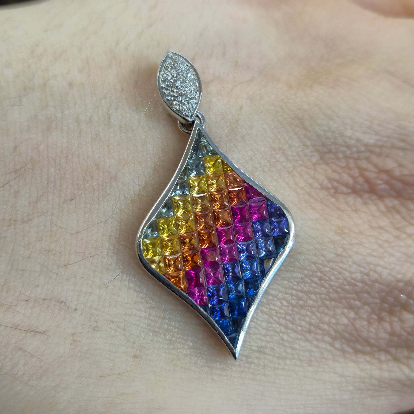 9ct White Gold Rainbow Vari-hue Sapphire and Diamond Large Pendant