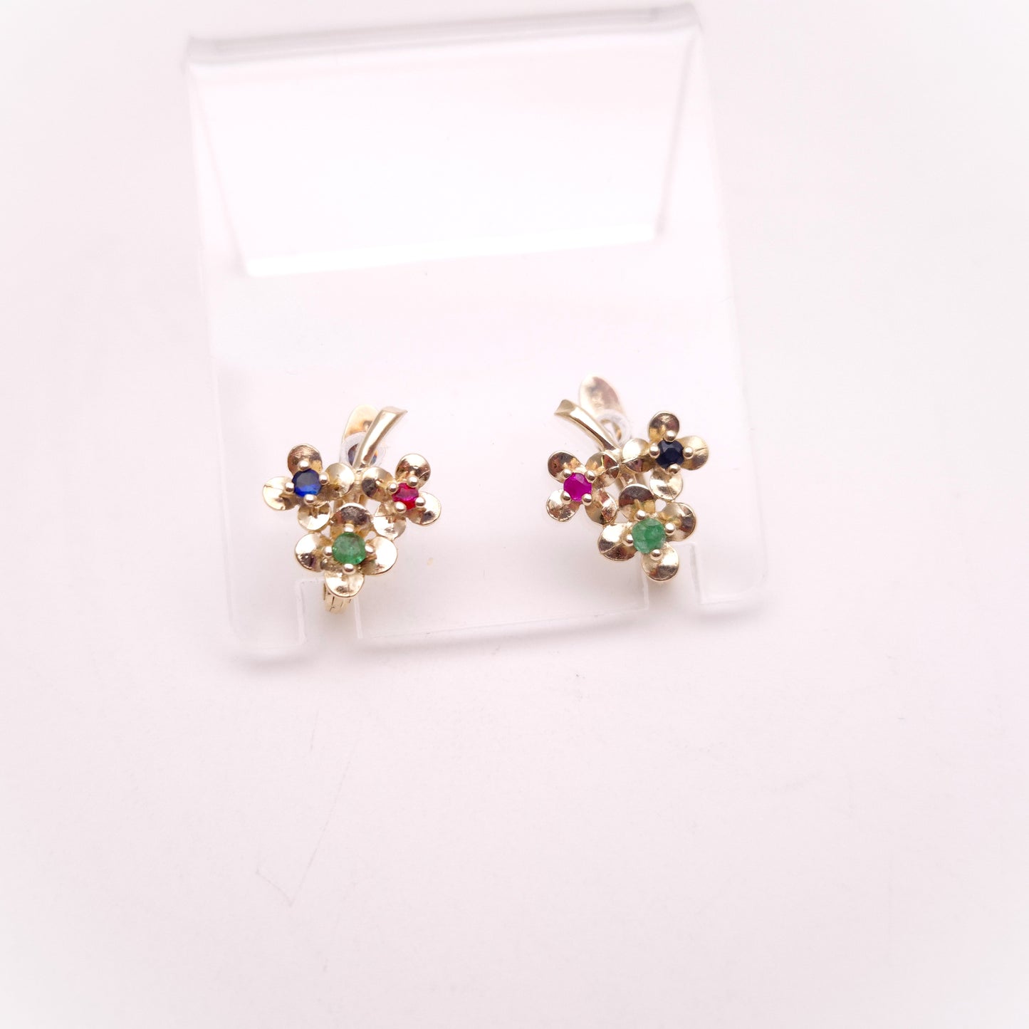 9ct Yellow Gold Ruby, Emerald and Sapphire Small Flower Hoop Stud Earrings