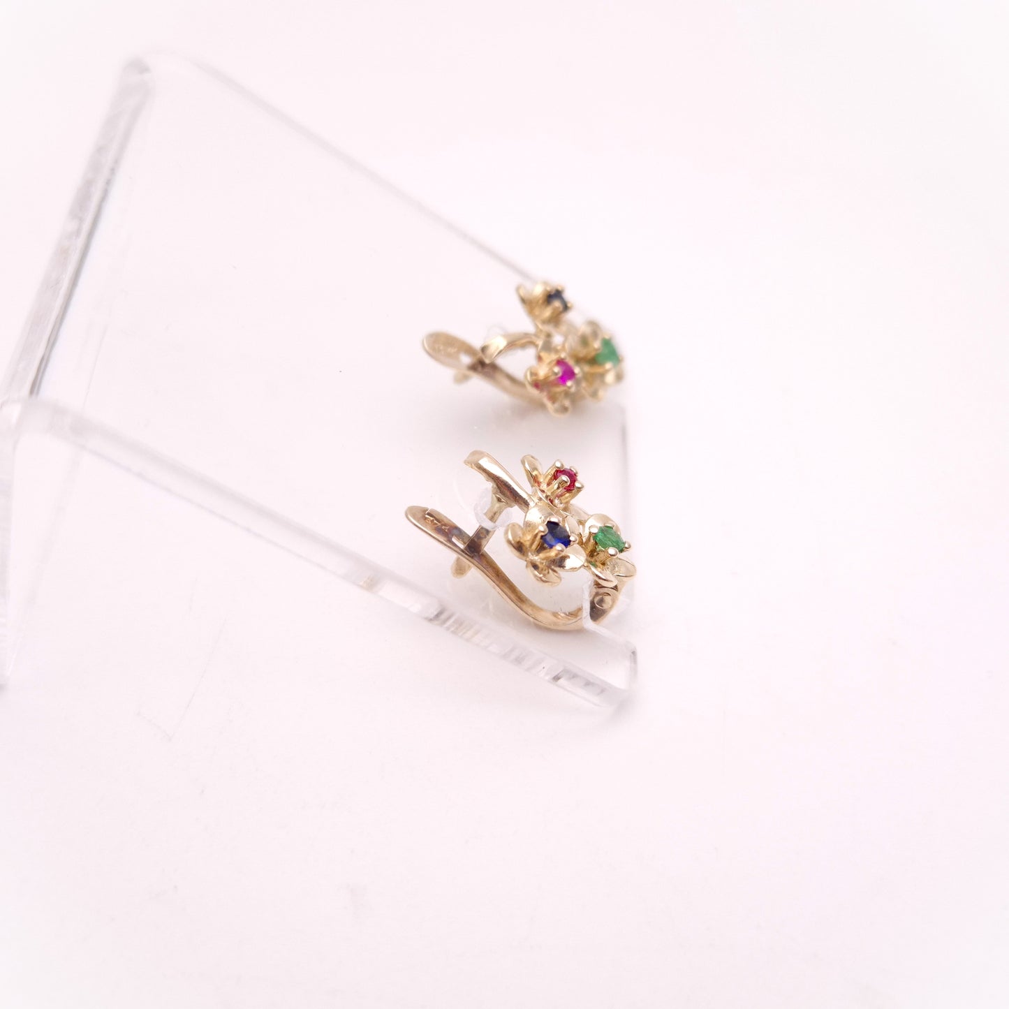 9ct Yellow Gold Ruby, Emerald and Sapphire Small Flower Hoop Stud Earrings