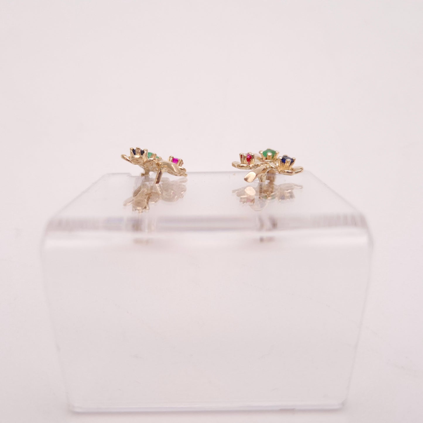 9ct Yellow Gold Ruby, Emerald and Sapphire Small Flower Hoop Stud Earrings