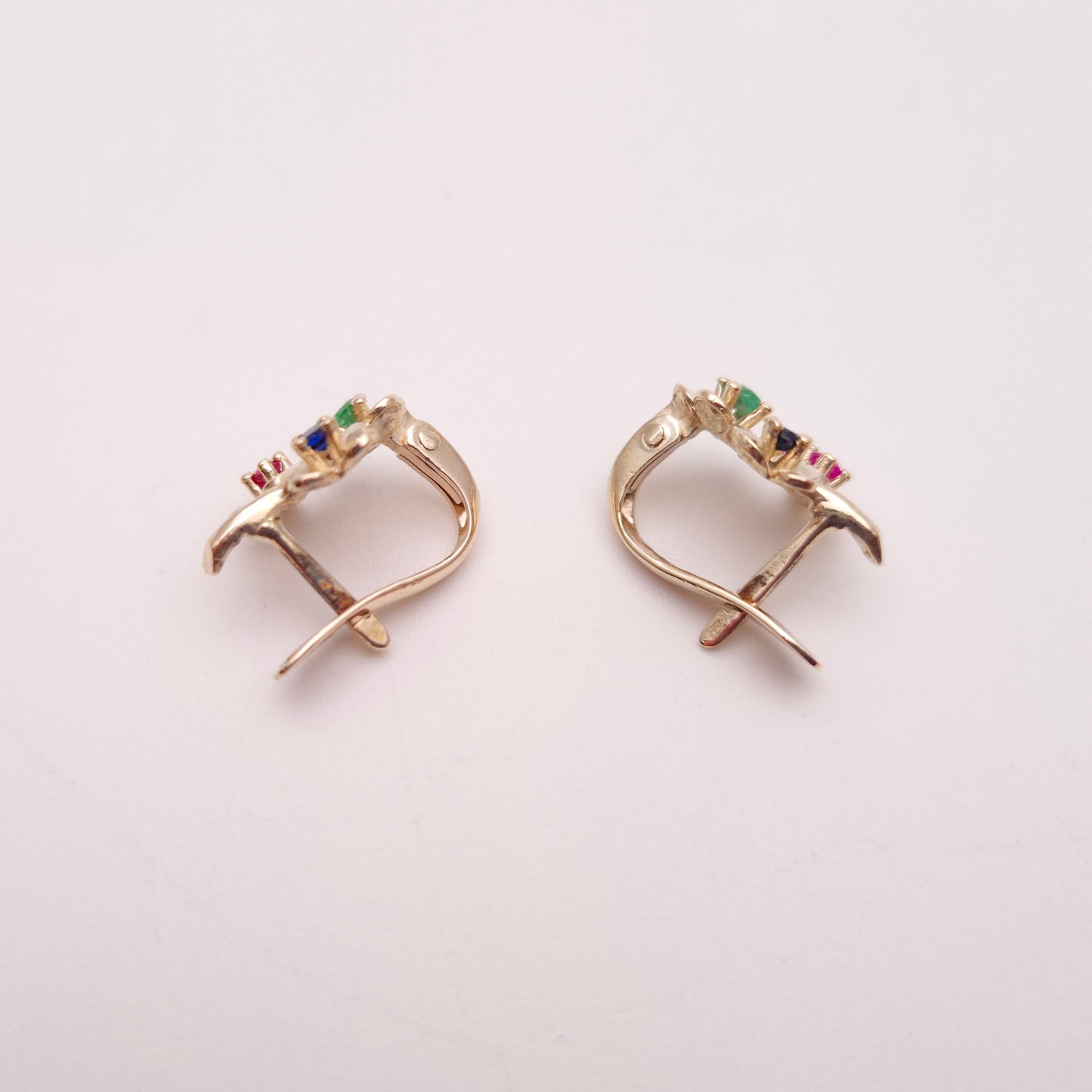 9ct Yellow Gold Ruby, Emerald and Sapphire Small Flower Hoop Stud Earrings
