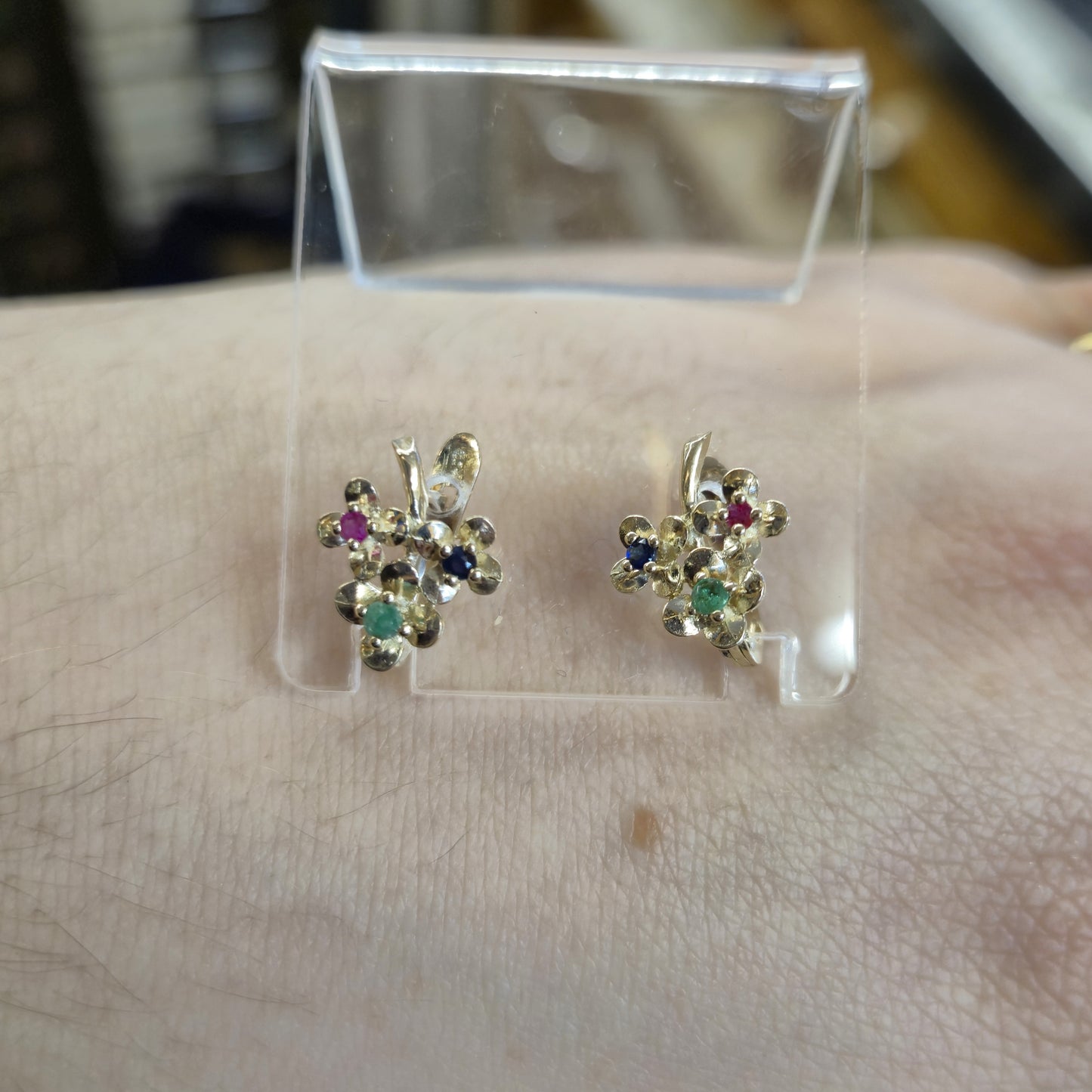 9ct Yellow Gold Ruby, Emerald and Sapphire Small Flower Hoop Stud Earrings