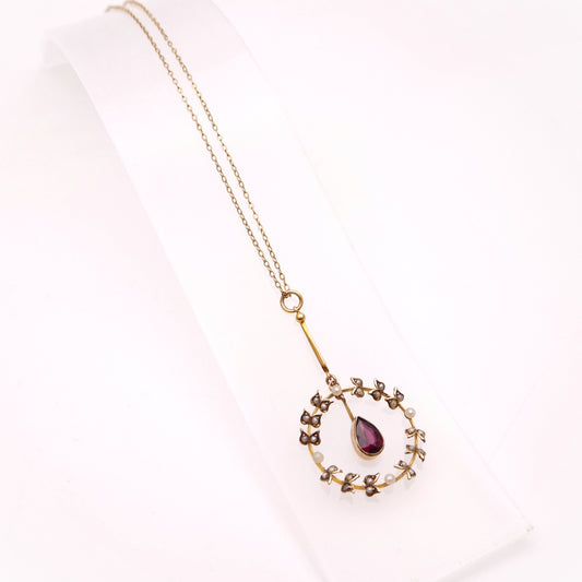 9ct Yellow Gold Antique Garnet & Seed Pearl Wreath Drop Pendant Necklace