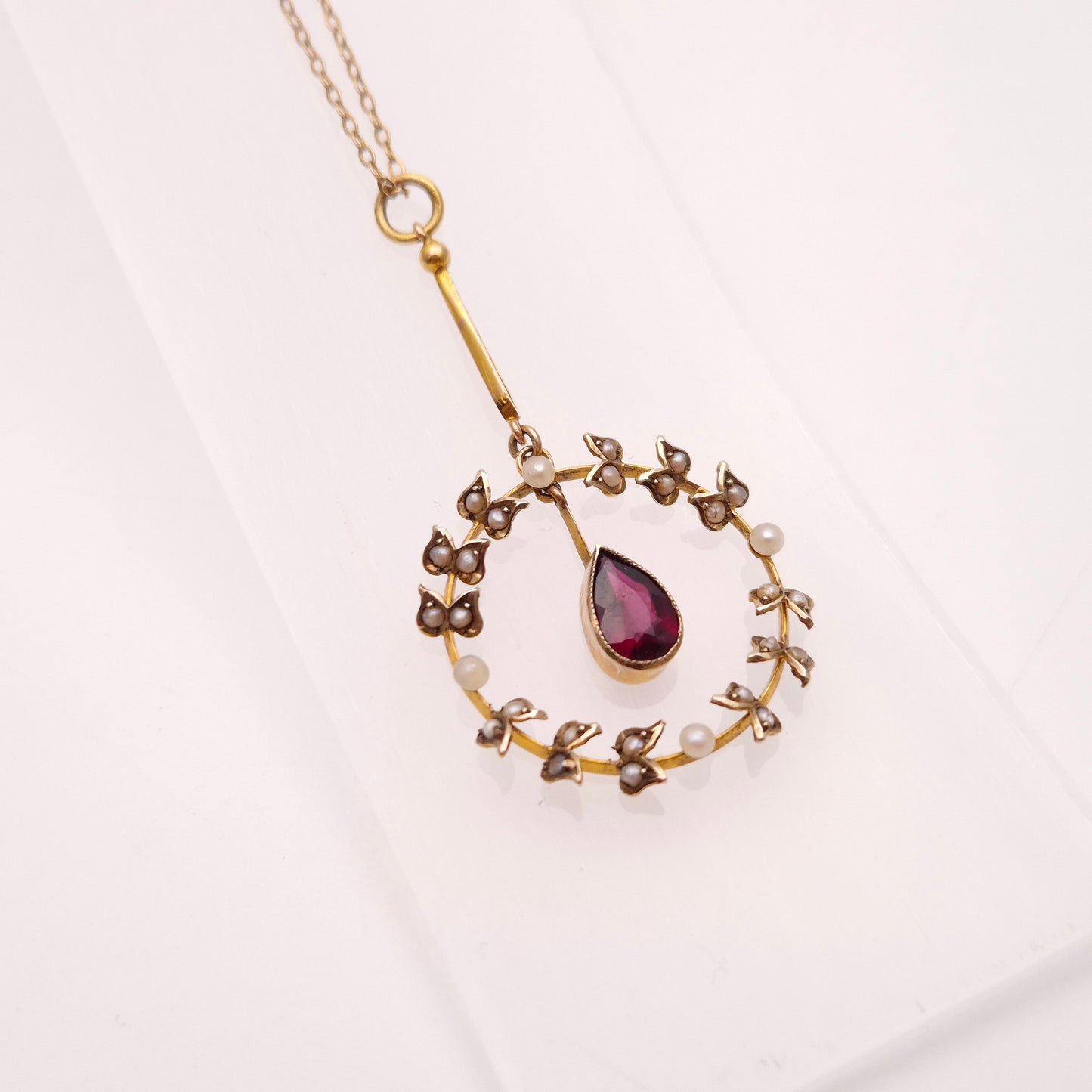 9ct Yellow Gold Antique Garnet & Seed Pearl Wreath Drop Pendant Necklace