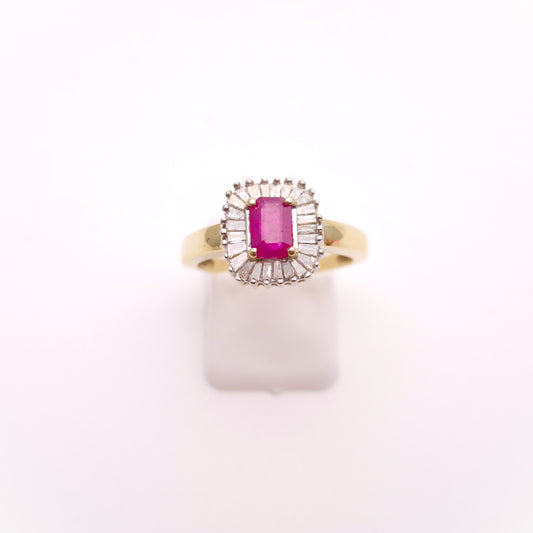 10ct Yellow Gold Emerald Cut Ruby and Baguette Cut Diamond Cluster Ring