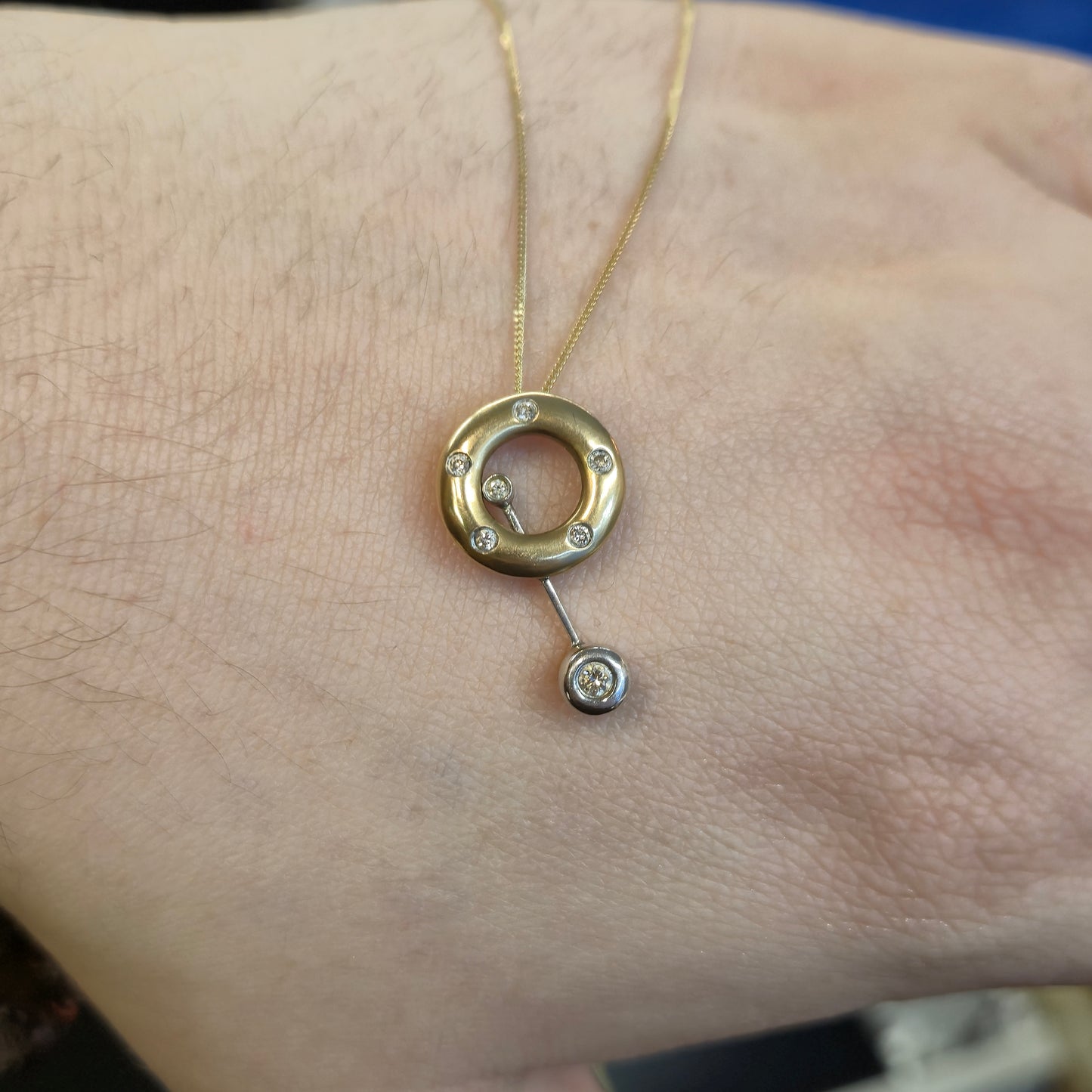 9ct Yellow Gold Diamond Set Donut / Ring Pendant With Swinging Bar Necklace