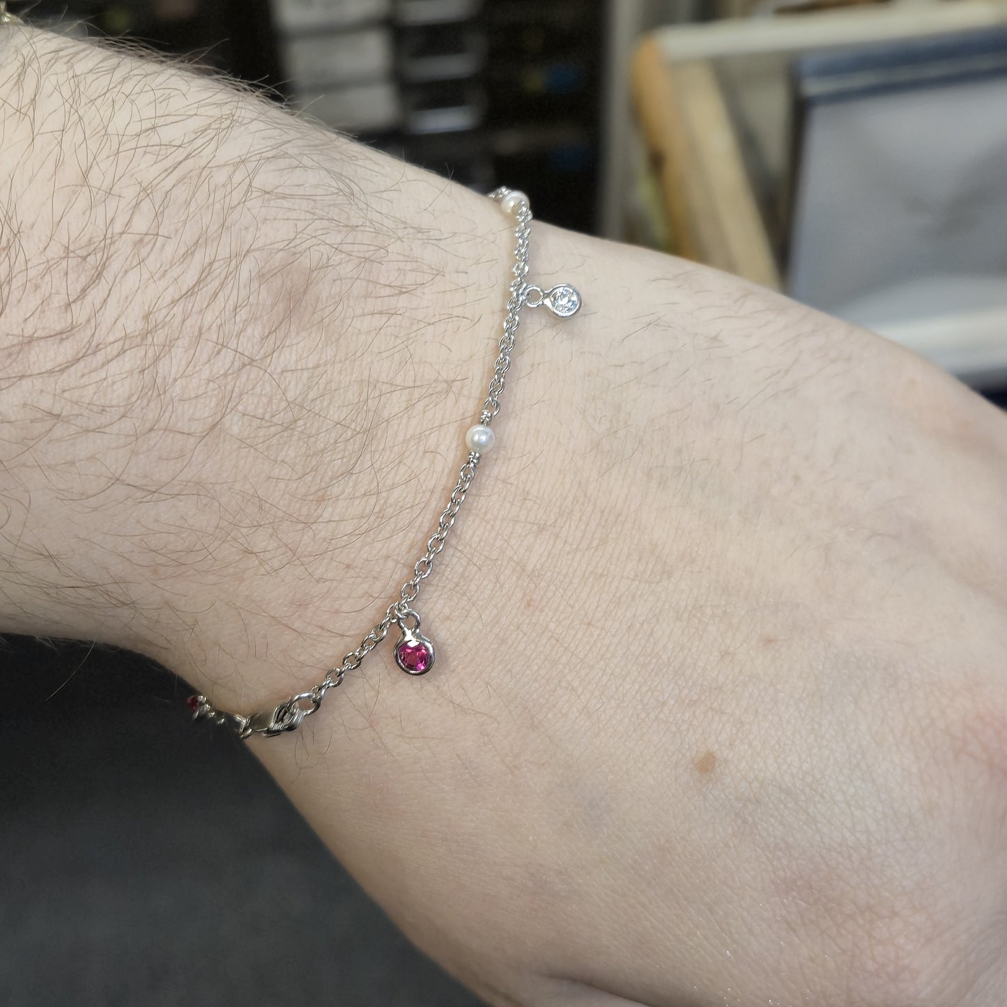 18ct White Gold Pink Tourmaline and Diamond Dropper and Pearl Chain Bracelet