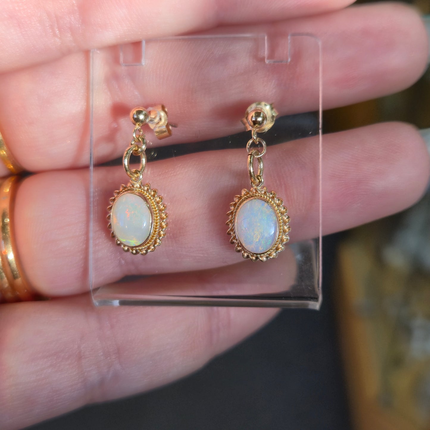 9ct Yellow Gold Oval Cabochon Opal Rope Twist Edge Drop Earrings