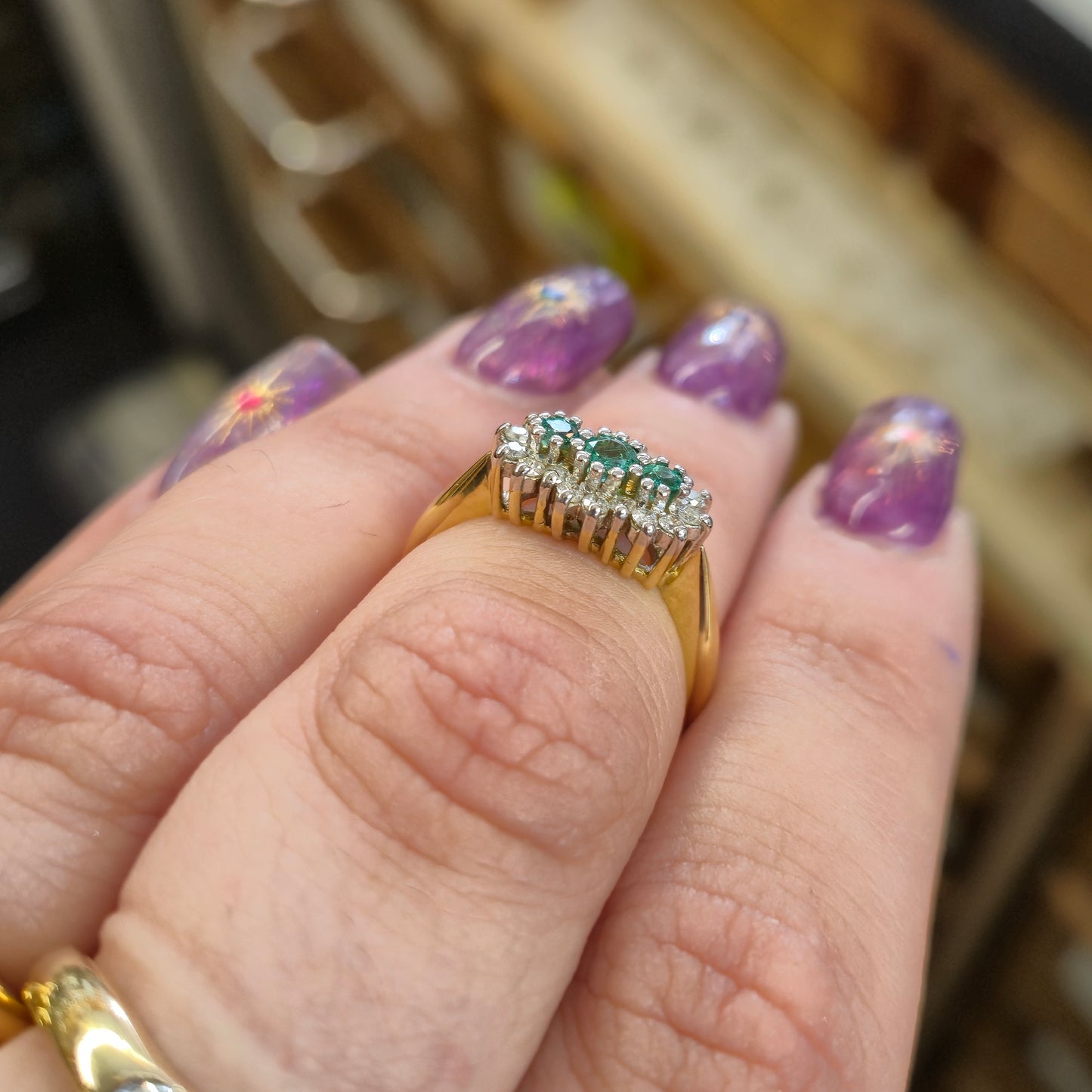 18ct Yellow Gold Three Stone Emerald and Diamond Multistone Cluster Ring