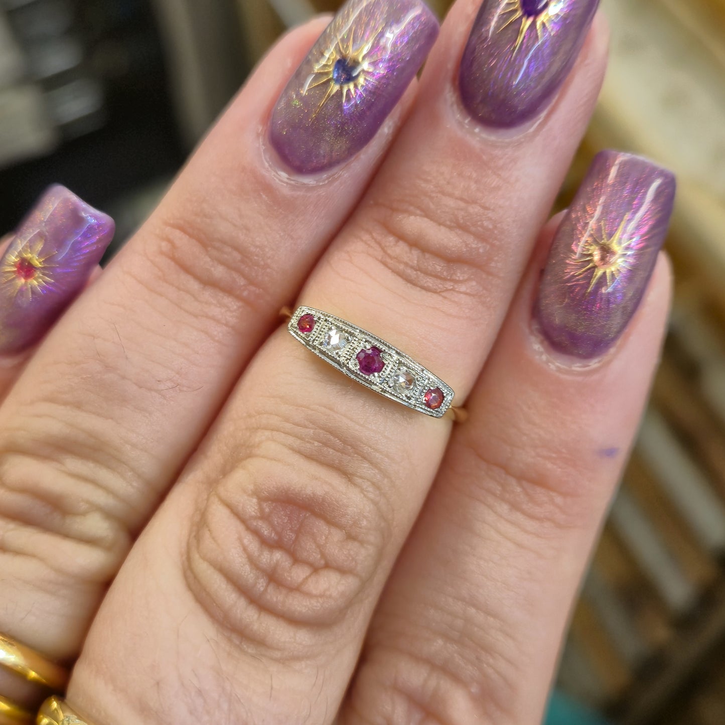 18ct Yellow Gold Antique Ruby and Diamond Five Stone Row Ring