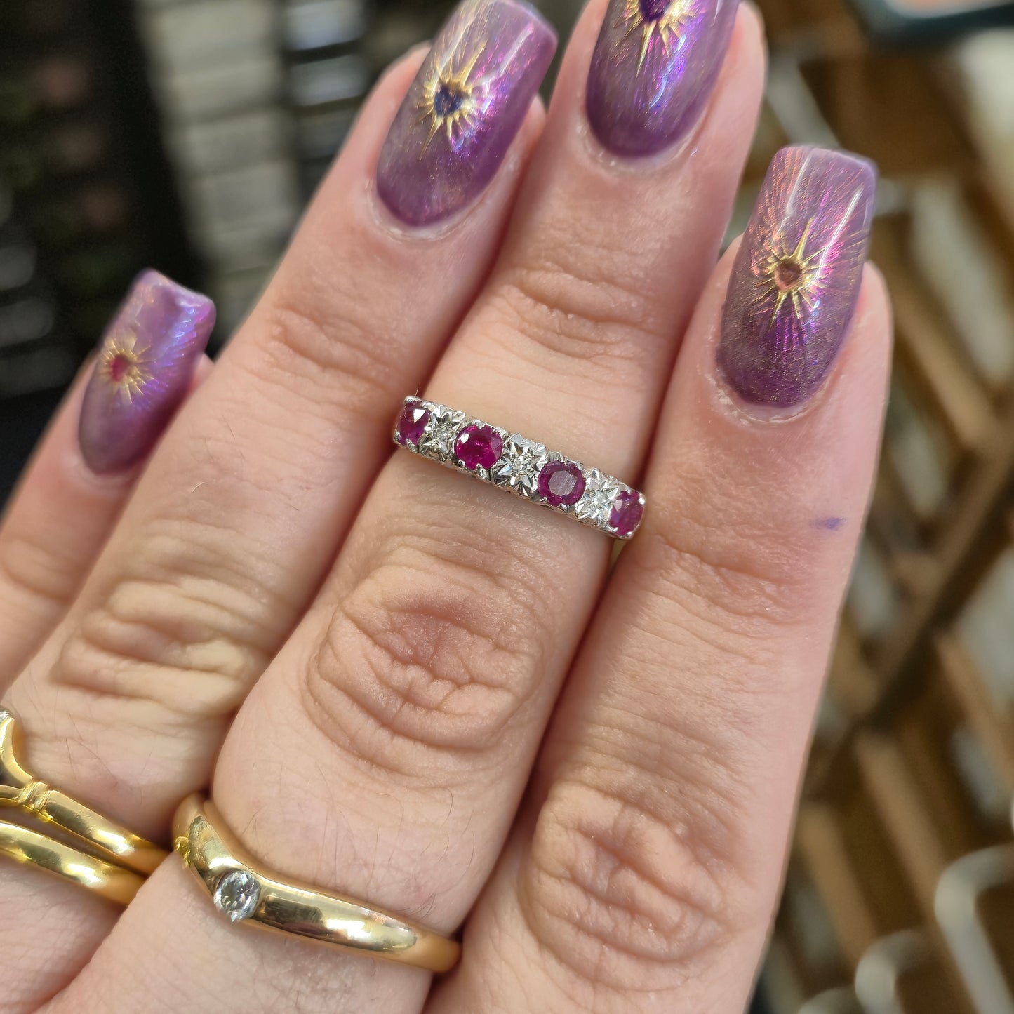 9ct Yellow Gold Ruby and Diamond Half Eternity Row Ring