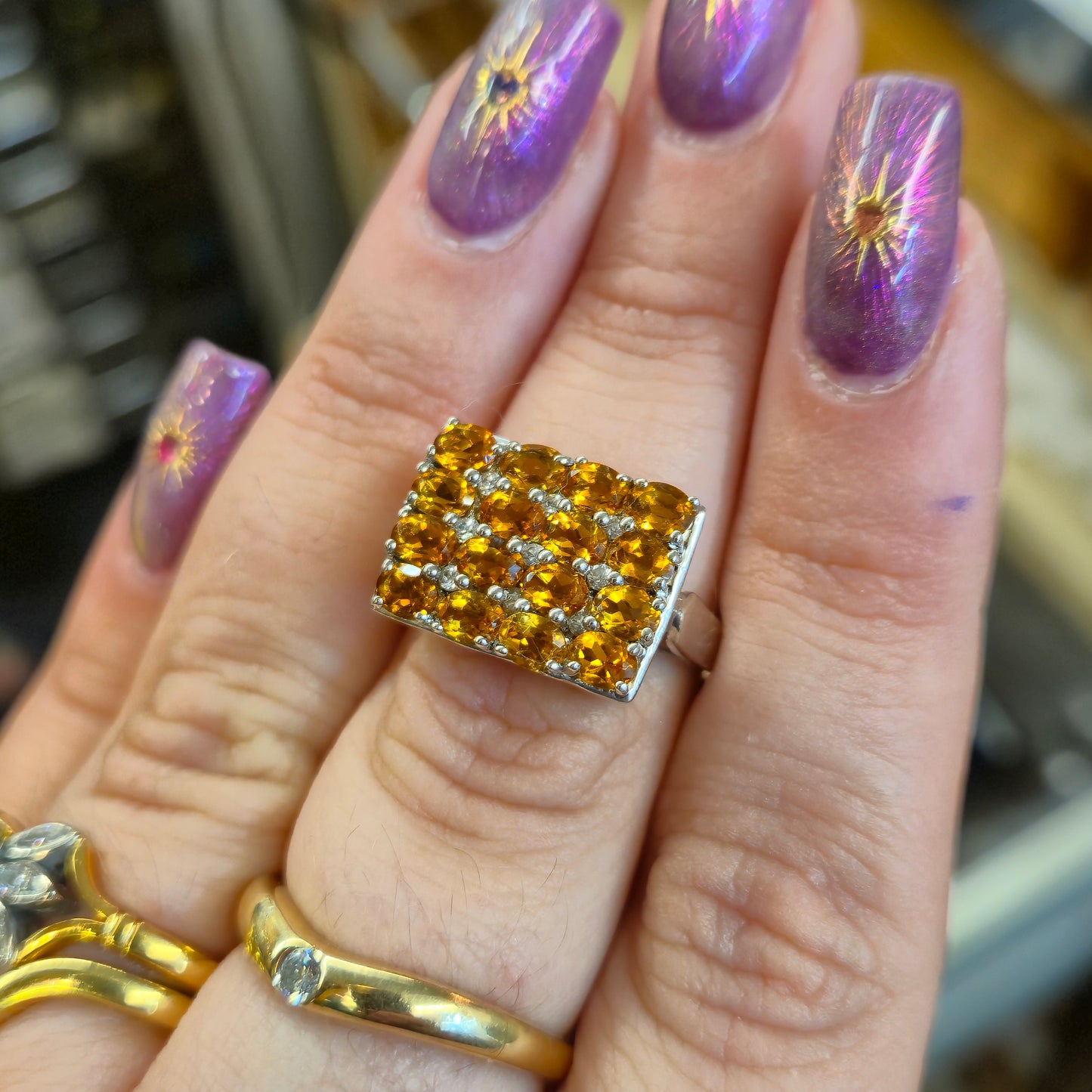 Sterling Silver Large Multi-Gem Rectangular Citrine and White Stone Cluster Ring