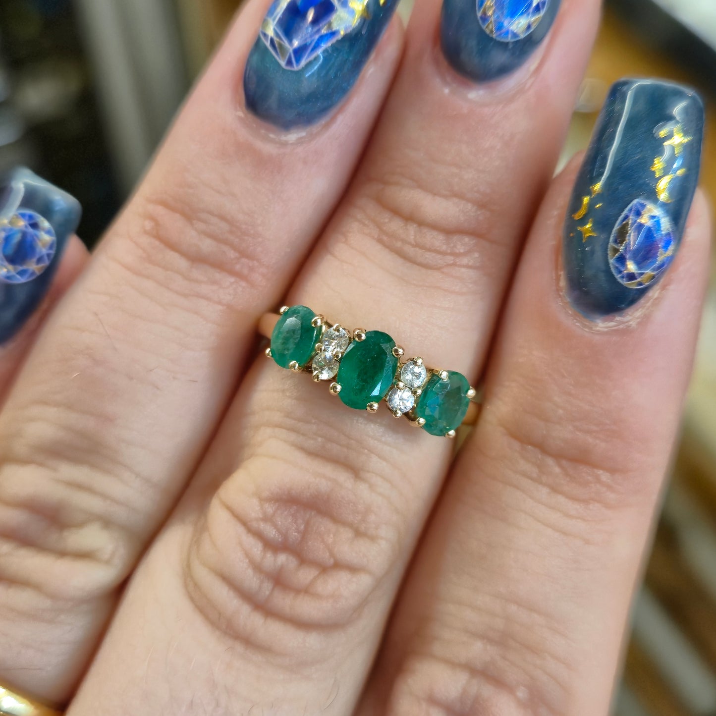 9ct Yellow Gold Emerald and White Gem Multi-Stone Row Ring