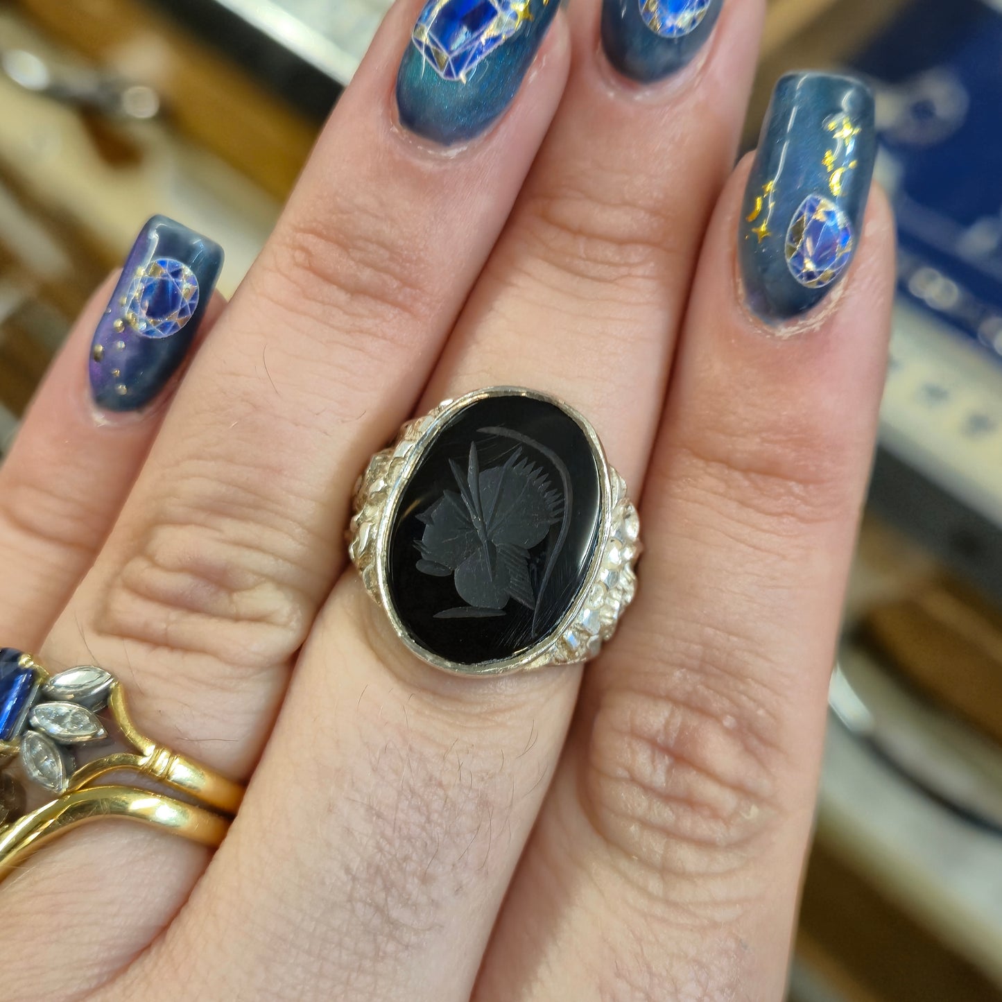 Sterling Silver Vintage Oval Carved Centurion Onyx Signet Statement Ring