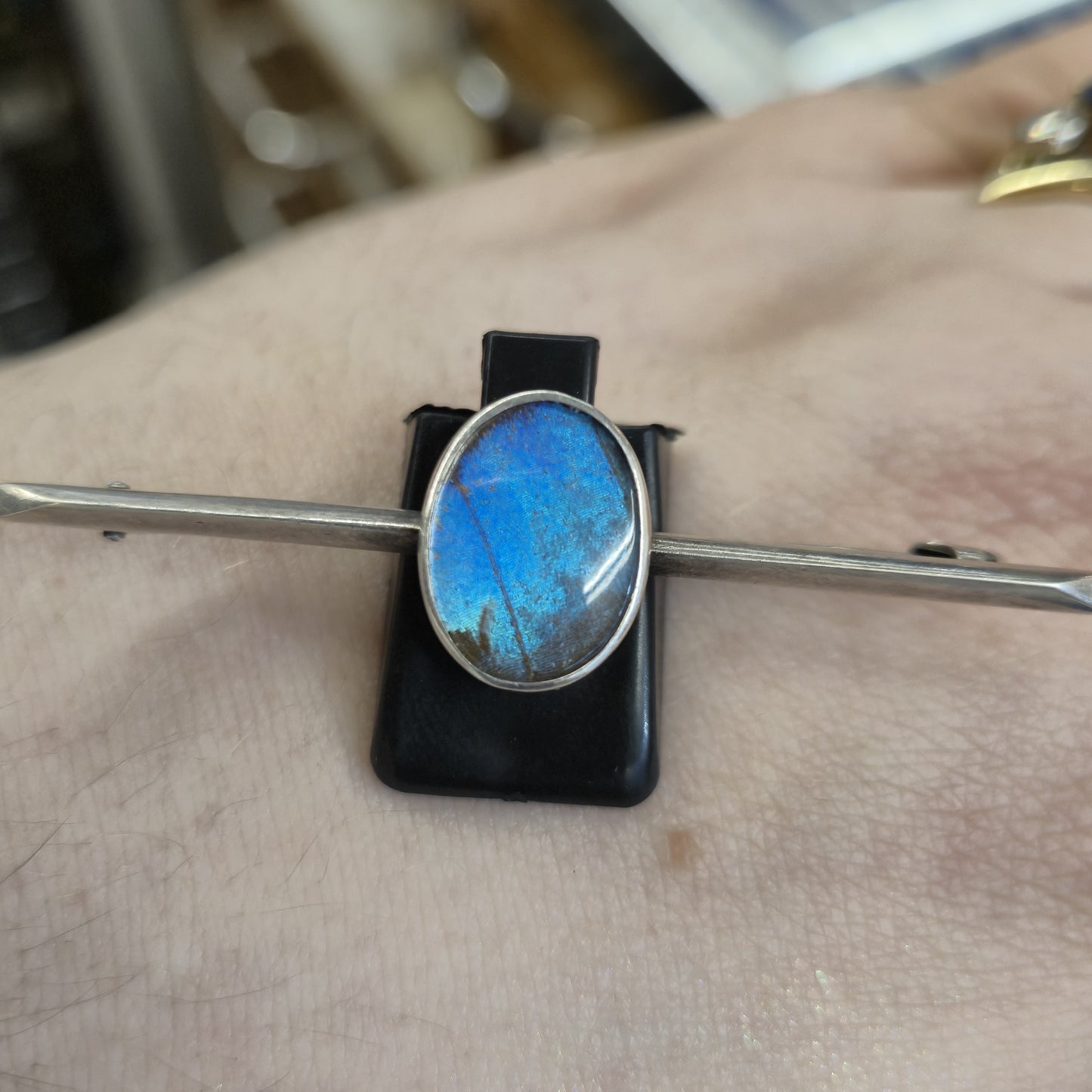 Sterling Silver Antique 1921 Oval Butterfly Wing Set Bar Brooch