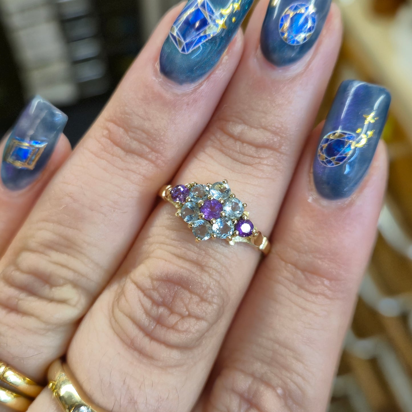 9ct Yellow Gold Blue Topaz and Amethyst Floral Cluster Ring