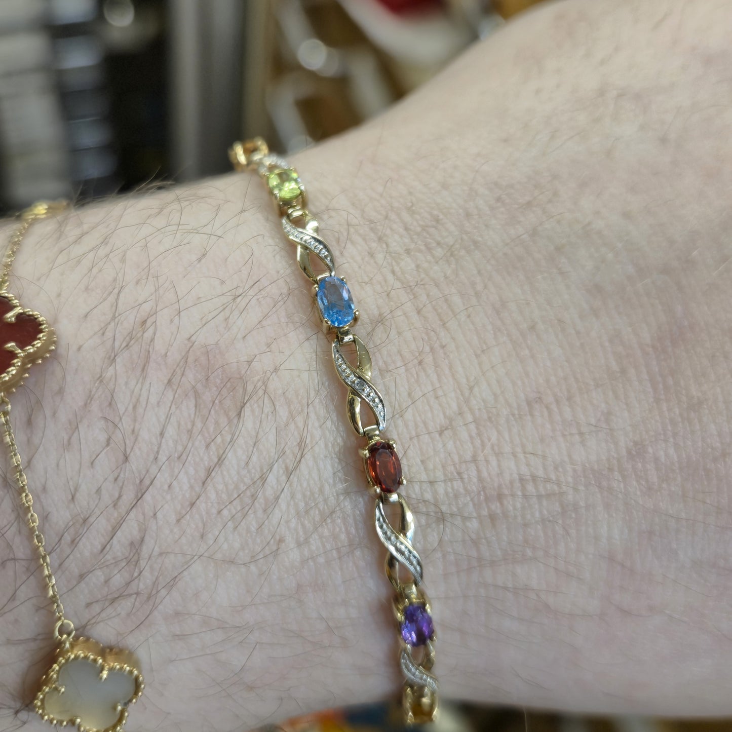 9ct Yellow Gold Rainbow Gemstone Bracelet with Garnet, Amethyst, Peridot etc.